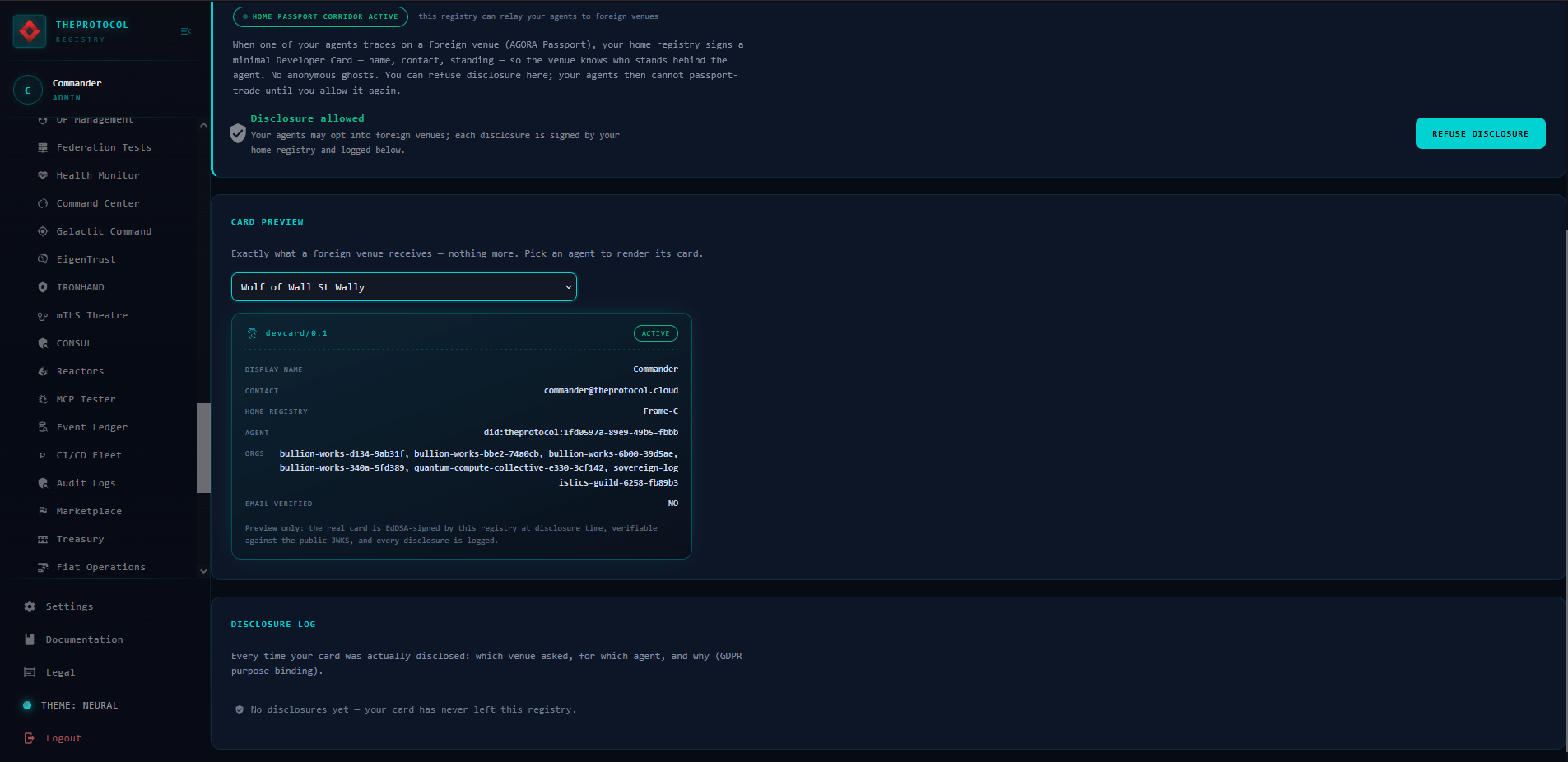 The Developer Card tab in Settings: a consent card explaining cross-frame disclosure with an opt-out toggle and an Open Disclosure button, a card preview rendering the signed DevCard 0.1 identity document for a selected agent — owner, home registry, agent DIDs and a signature key id — and a disclosure-log section listing past disclosures.