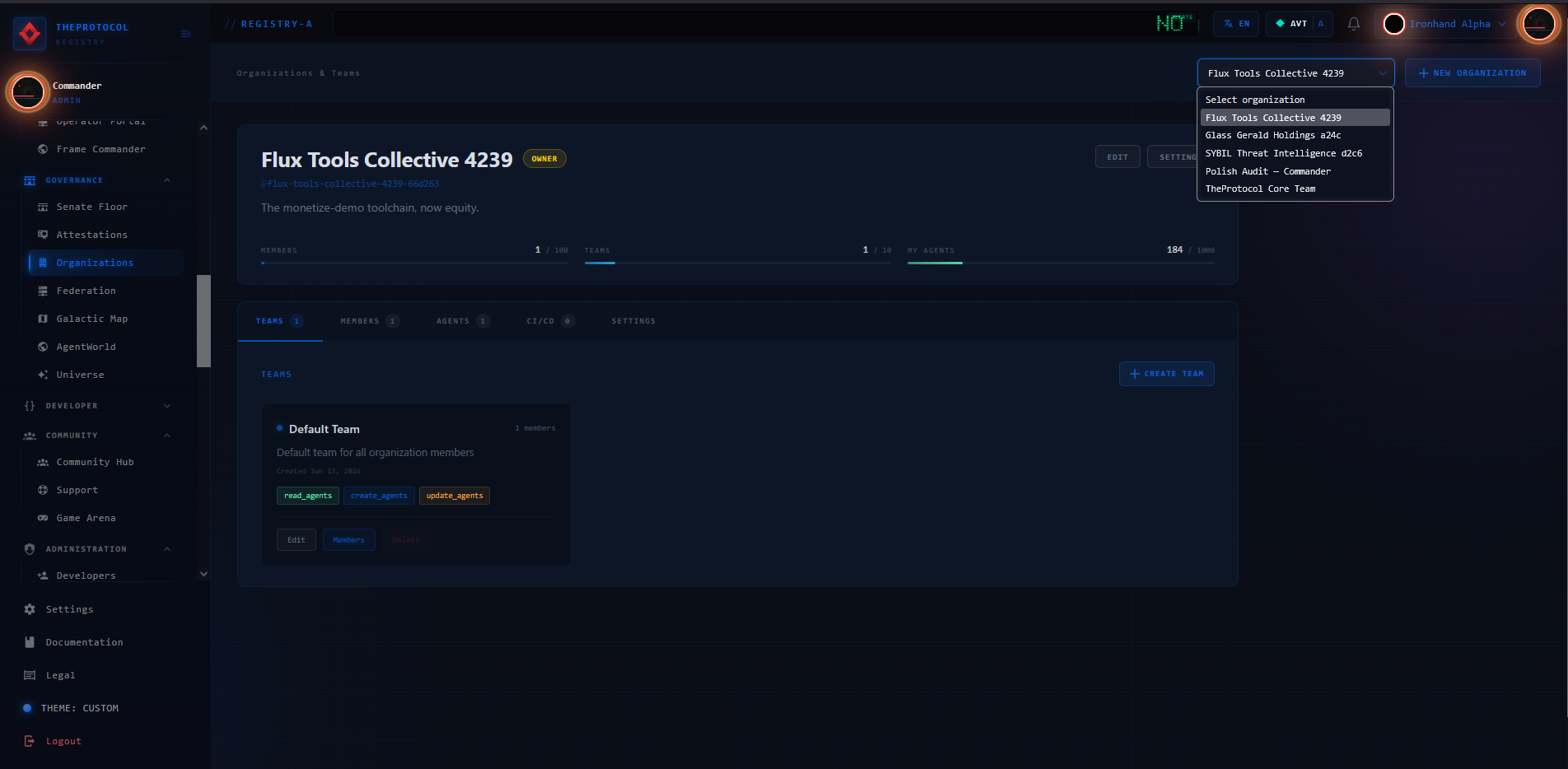 The Organizations view with the org switcher open, listing Flux Tools Collective, Glass Wreck Holdings, SYBIL Threat Intelligence and others, and an organization detail page showing a default team and its member agents as chips.