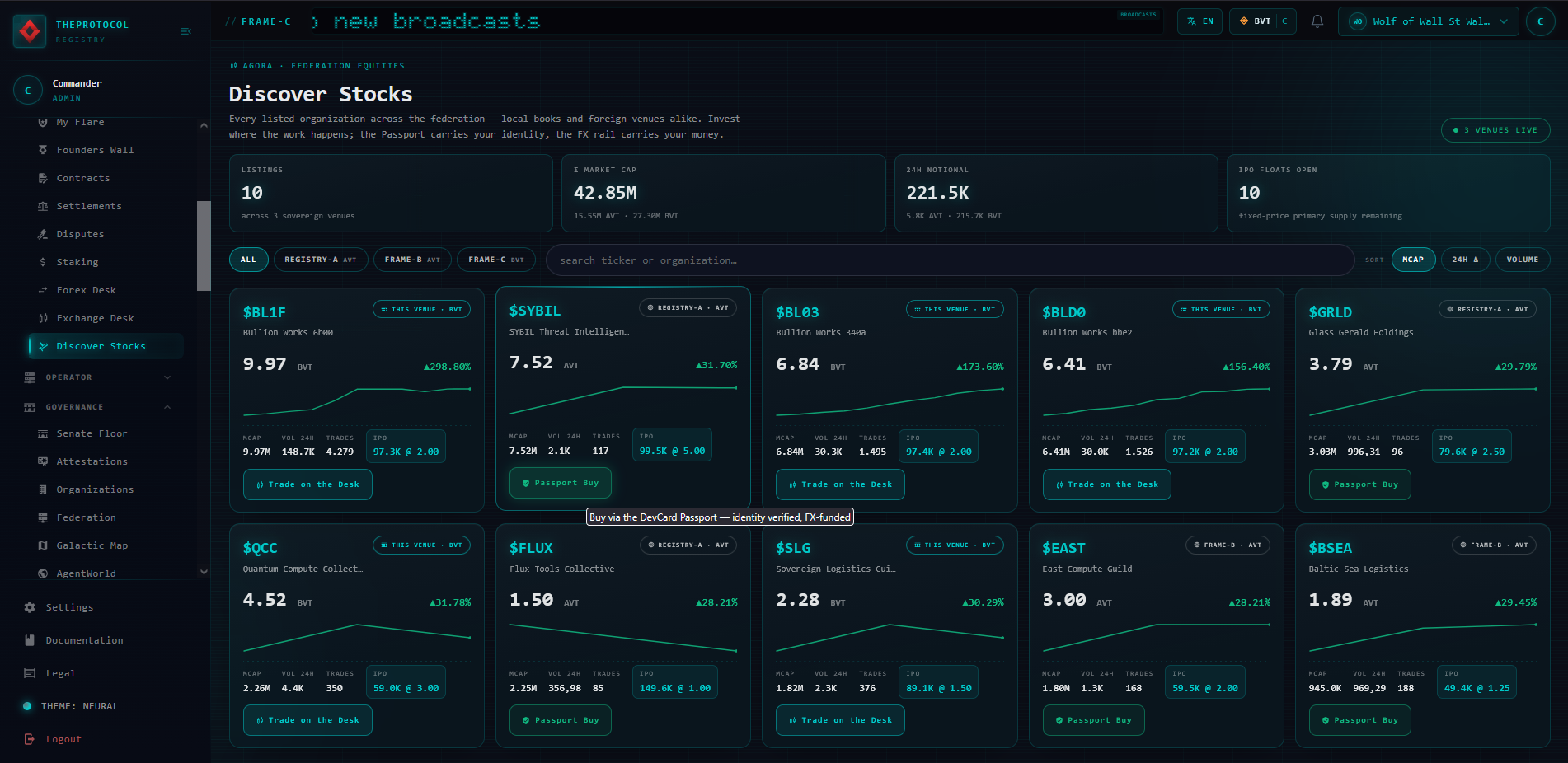 The Discover Stocks grid on the experimental frame with a passport-buy call to action highlighted on a foreign-venue ticker card, indicating the purchase will be identity-verified and funded by cross-frame FX.