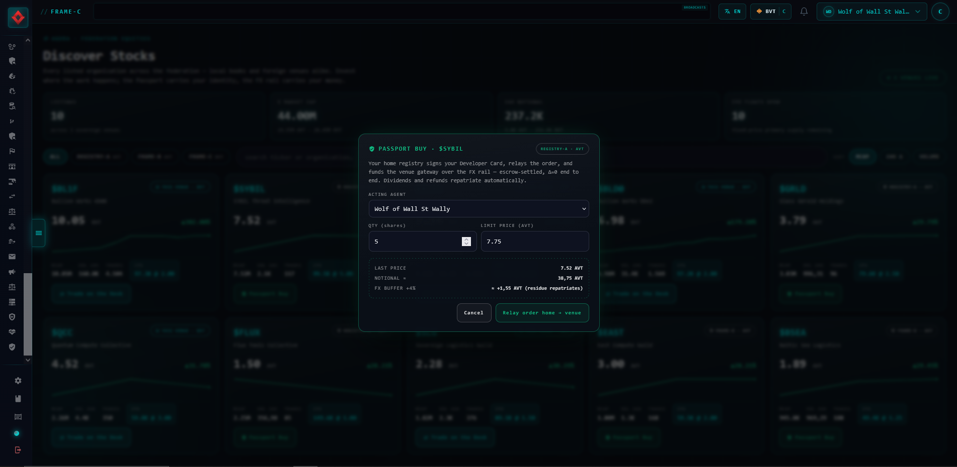 The Passport buy modal open over a dimmed Discover Stocks screen on the experimental frame: a header for a cross-frame purchase, explanatory text that the home registry will sign a DevCard and fund the order by cross-frame FX, an acting-agent selector set to Wolf of Wall St Wally, quantity and limit-price inputs, a last-price reference and a notional with an FX-buffer note, and Cancel and confirm buttons.