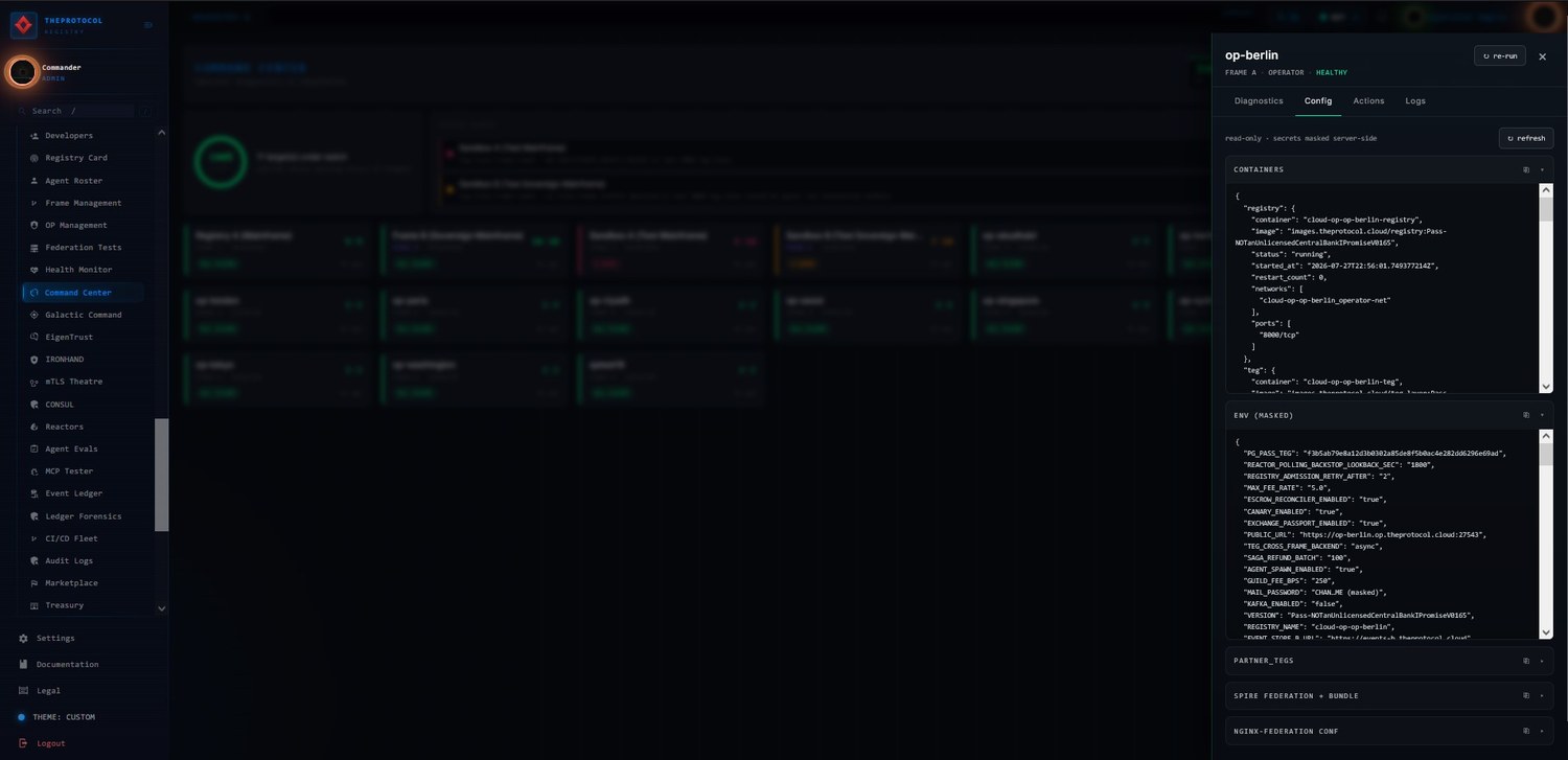 The Command Center config modal for op-berlin, showing masked configuration slices for docker, environment, nginx, SPIRE and partner TEGs.