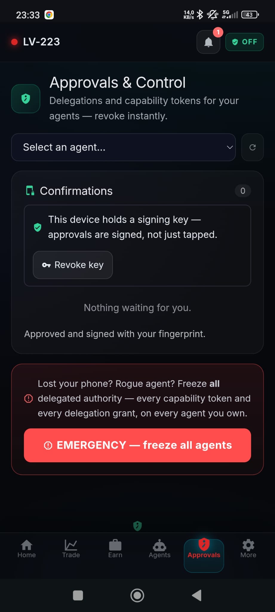 The Approvals and Control screen on a phone after signing: a banner reading 'This device holds a signing key — approvals are signed, not just tapped' with a Revoke key button, 'Nothing waiting for you', the line 'Approved and signed with your fingerprint', and a red EMERGENCY — freeze all agents panel.