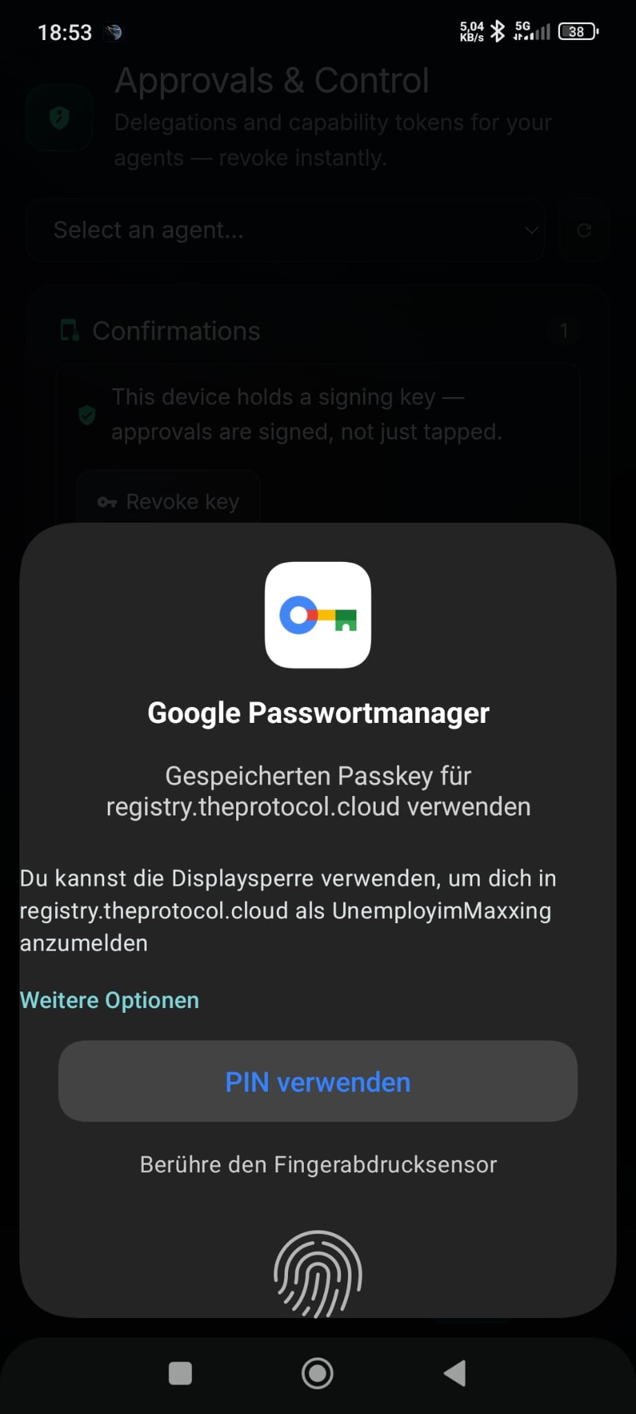 The Android system credential sheet over the Approvals screen: 'Google Passwortmanager', 'Gespeicherten Passkey für registry.theprotocol.cloud verwenden', a PIN alternative, and 'Berühre den Fingerabdrucksensor' above a fingerprint icon.