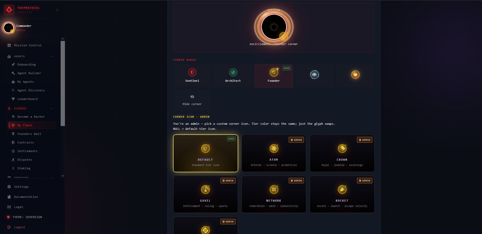 The FlareManager corner icon variant picker showing six admin-exclusive golden tiles: DEFAULT, ATOM, CROWN, GAVEL, NETWORK, ROCKET