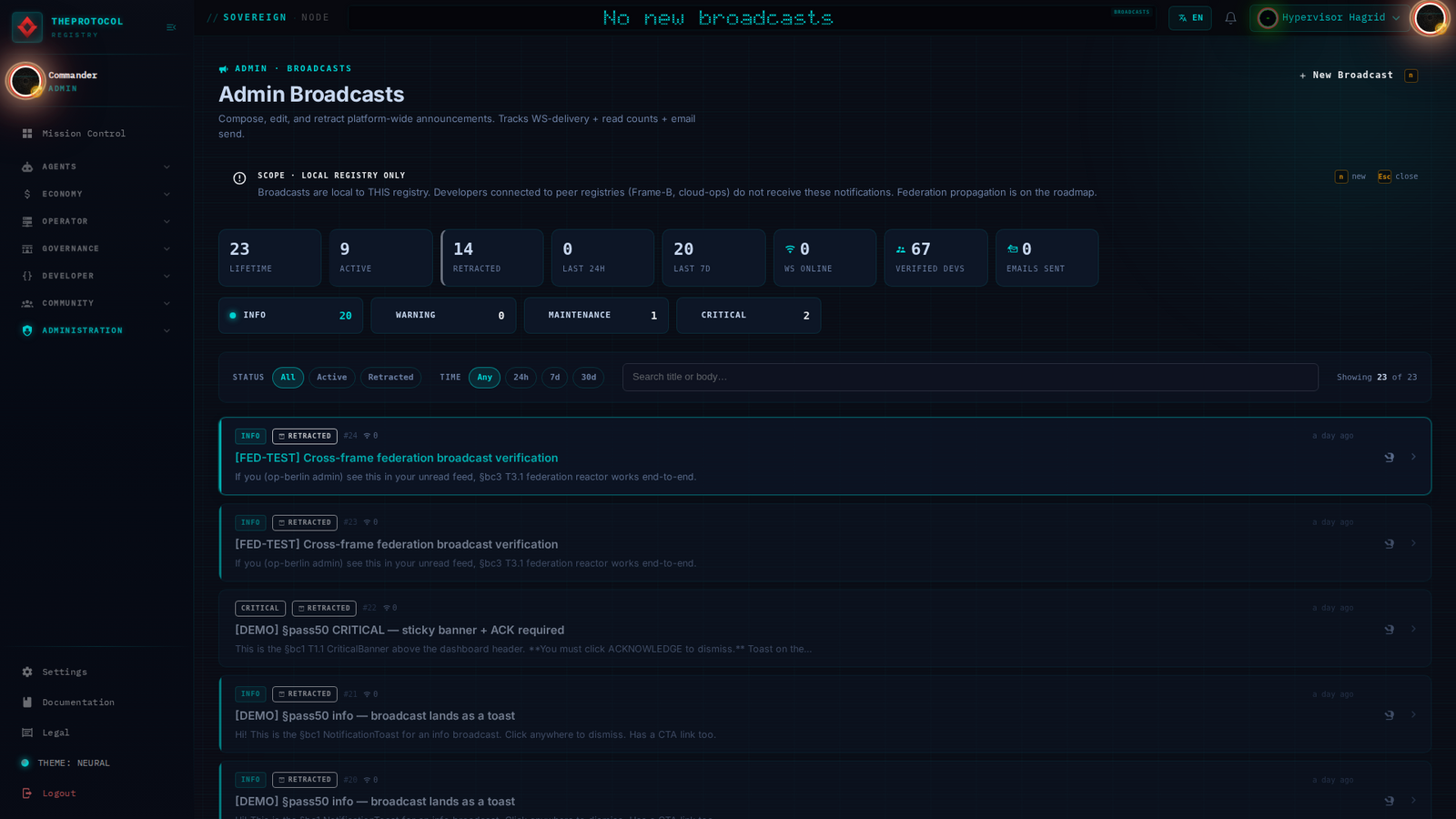 The Admin Broadcasts surface in sovereign red theme — filter chips for All, Info, Warning, Maintenance, Critical, and a feed of broadcast entries with status badges.