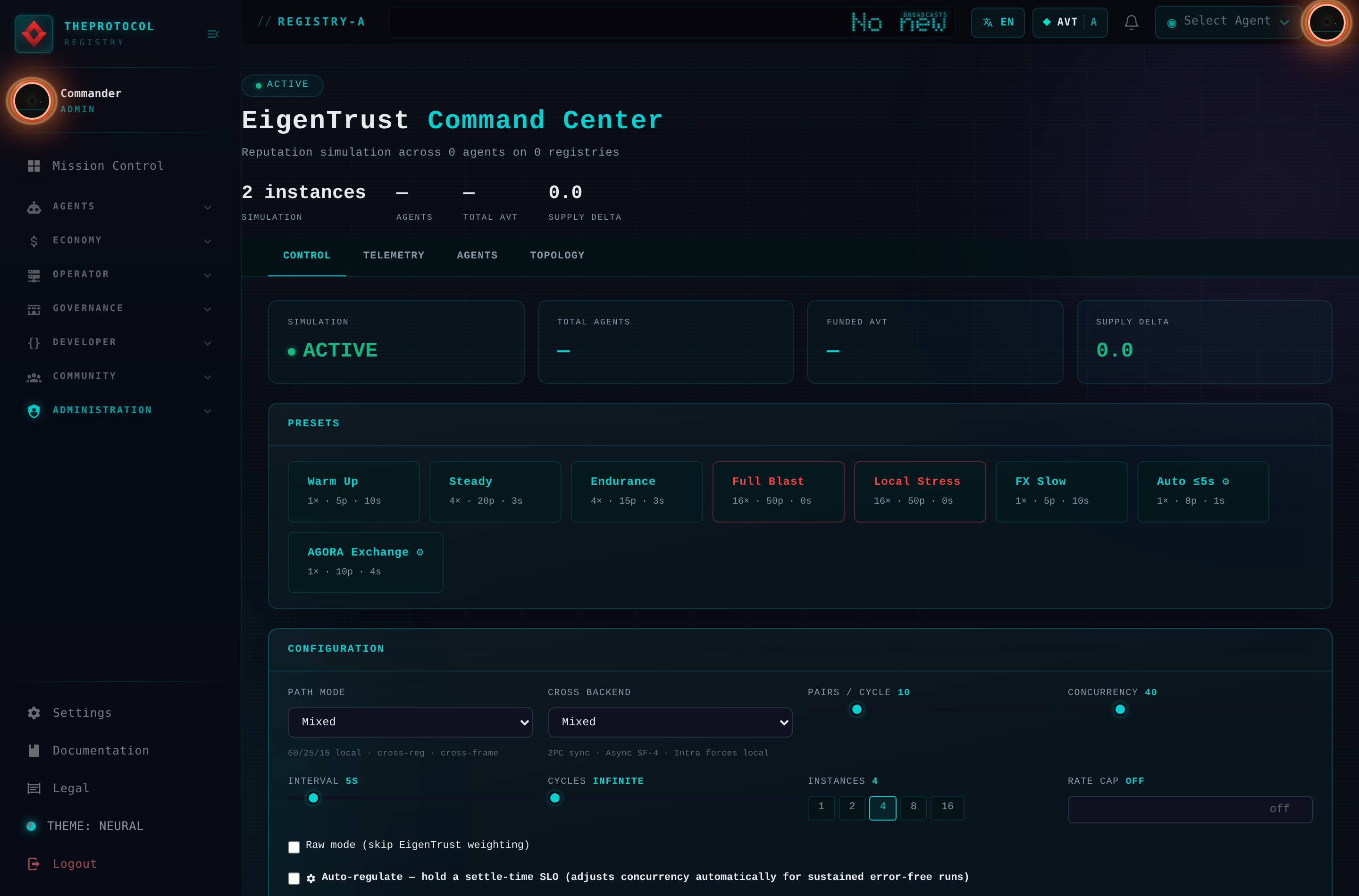 The EigenTrust Command Center: an ACTIVE simulation badge, two running instances, a supply-delta tile reading 0.0, a row of scenario presets — Warm Up, Steady, Endurance, Full Blast, Local Stress, FX Slow, Auto SLO and AGORA Exchange — and a configuration panel with path-mode and cross-backend selectors, pairs-per-cycle and concurrency sliders, interval, cycles, instance count and a rate cap.