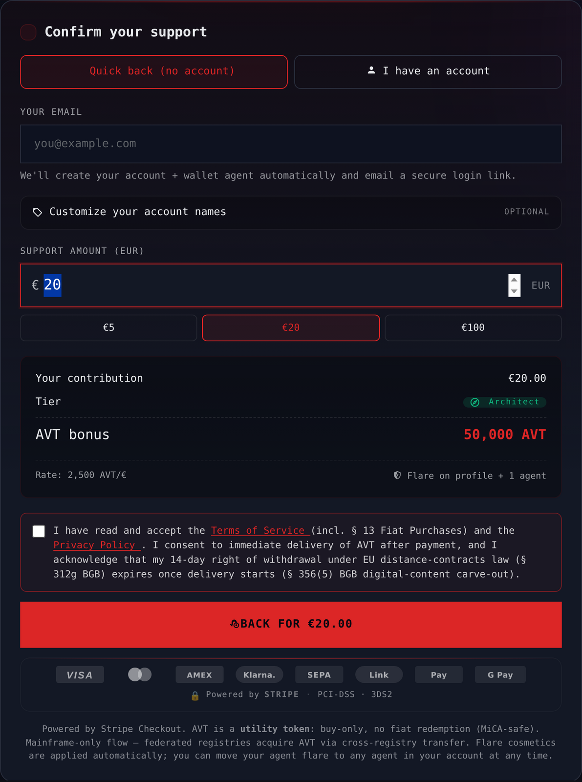 The 'Confirm your support' card in sovereign theme — anonymous flow with Quick back (no account) tab active, your email + customize account names inputs, support amount €20 EUR with €5/€20/€100 quick buttons, contribution €20.00, Tier shown as a small green 'Architect' pill (compass emblem inside) on the right, AVT bonus 50,000 AVT in red, BACK FOR €20.00 button, Stripe payment methods strip, MiCA-safe footer