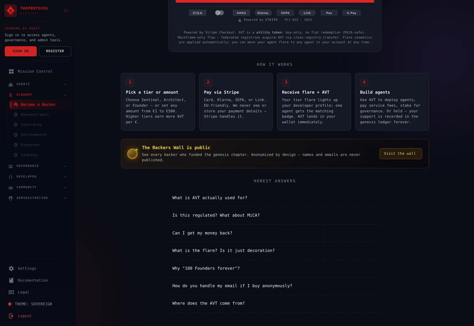 The 'How it works' four-step strip in sovereign theme — Pick a tier, Pay via Stripe, Receive flare + AVT, Build agents — followed by a Backers Wall callout and an Honest Answers FAQ listing seven candid questions including 'What is AVT actually used for?', 'Is this regulated? What about MiCA?', 'Can I get my money back?', and 'What is the flare? Is it just decoration?'