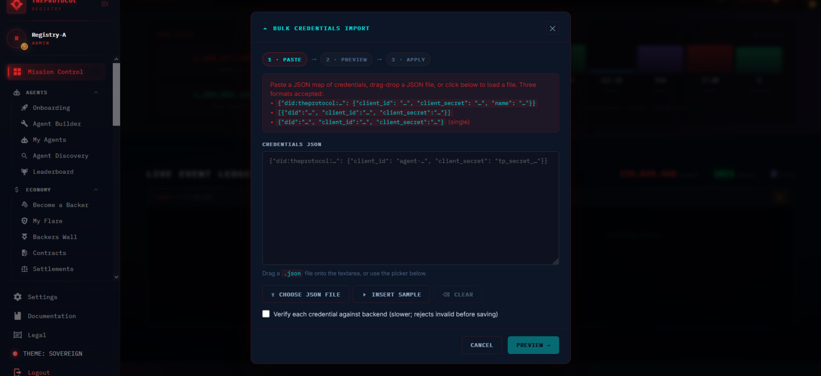 The Bulk Credentials Import modal in sovereign theme — three-stage flow tabs (PASTE / PREVIEW / APPLY) at the top, a JSON shape examples banner showing the three accepted formats (object map, array, single entry), a CREDENTIALS JSON textarea, and footer controls for CHOOSE JSON FILE, INSERT SAMPLE, 'Verify each credential against backend' checkbox, CANCEL and PREVIEW buttons