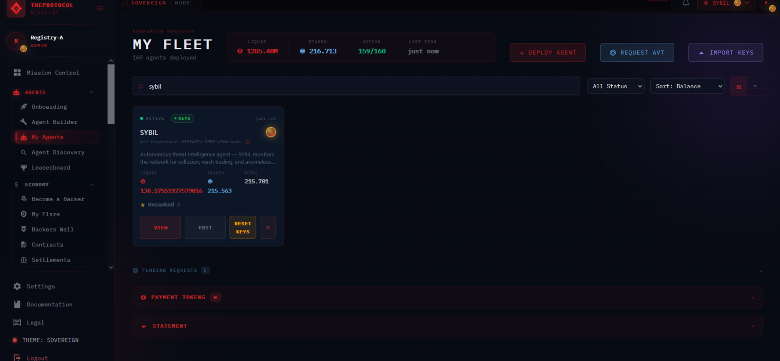The MY FLEET view in sovereign theme with the new IMPORT KEYS button in the top action bar (alongside DEPLOY AGENT and REQUEST AVT), and the SYBIL agent card showing the new green KEYS pill