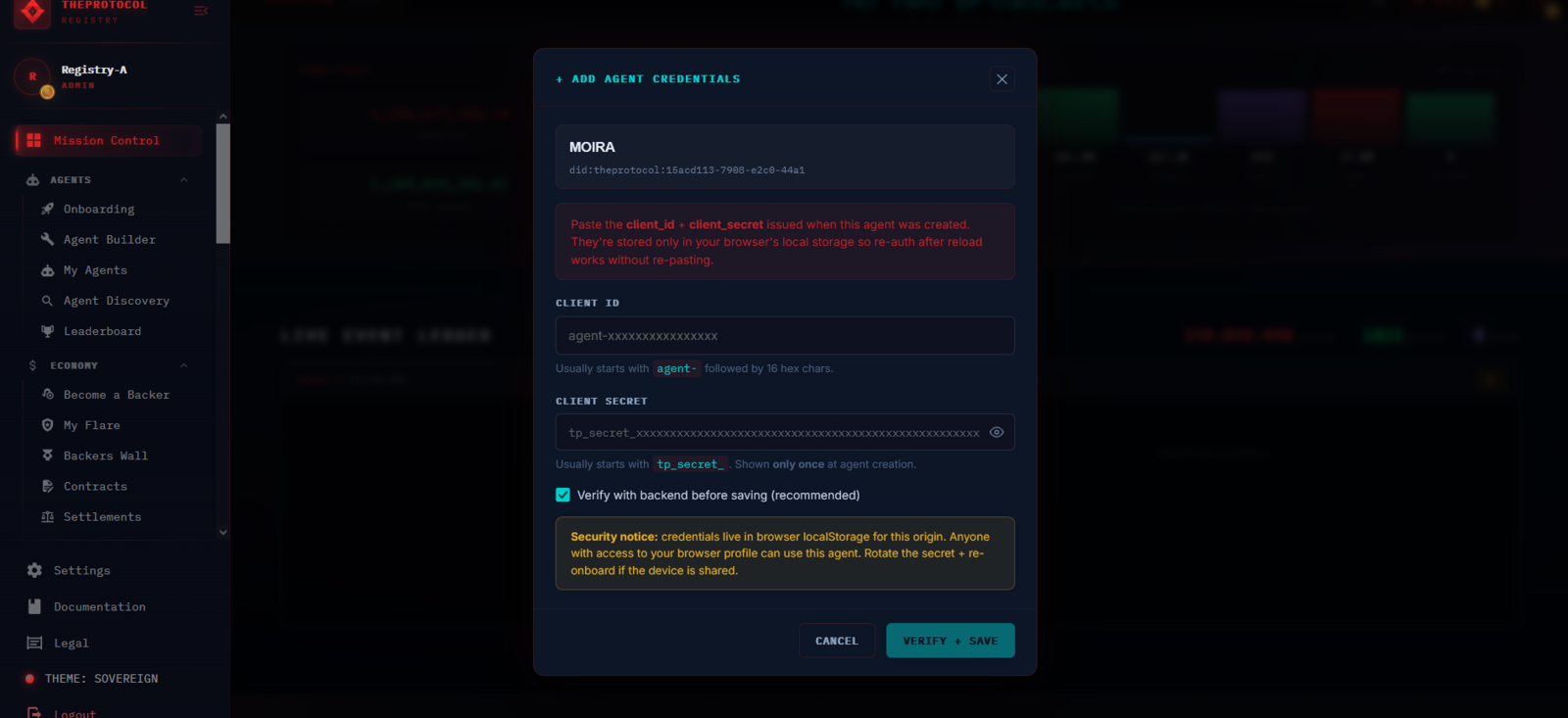 The Add Agent Credentials modal in sovereign theme — MOIRA agent identified, client_id and client_secret input fields with show/hide toggles, 'Verify with backend before saving' checkbox enabled by default, security notice banner explaining that credentials live in browser localStorage