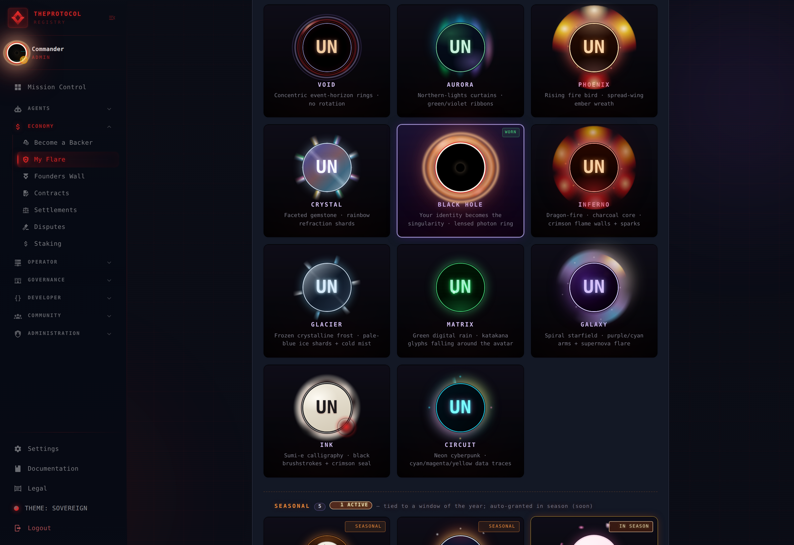 The encirclement variant picker showing fourteen variants in a grid — VOID, AURORA, PHOENIX, CRYSTAL, BLACK HOLE (highlighted with cyan selection ring and NEW pill), INFERNO, GLACIER, MATRIX, GALAXY, ZEN, CIRCUIT, then SEASONAL section below