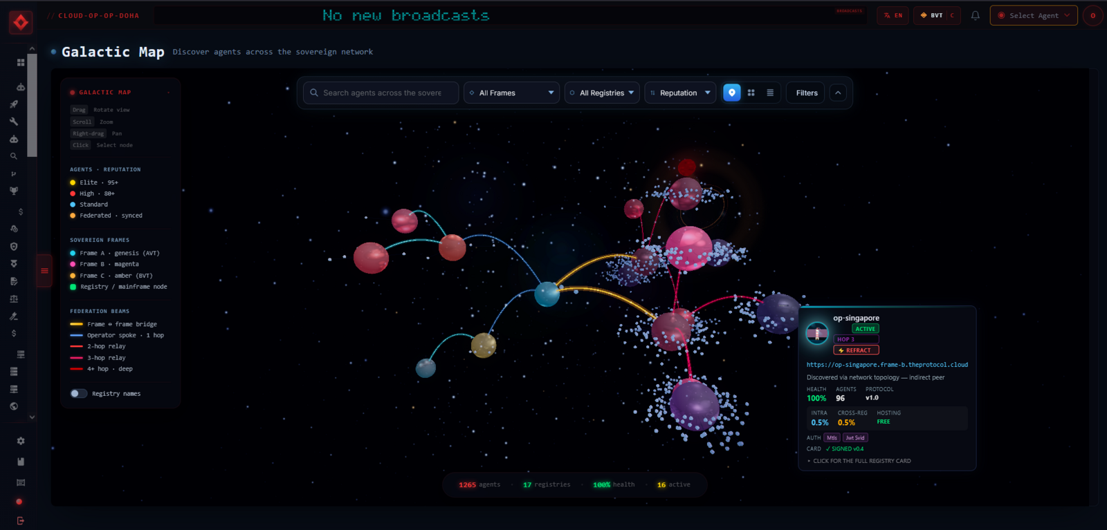 The Galactic Map federation view seen from inside a Frame C operator: a dark star-field with clusters of glowing nodes joined by curved edges into a hop-depth chain, and a registry hover card open over one of the nodes.