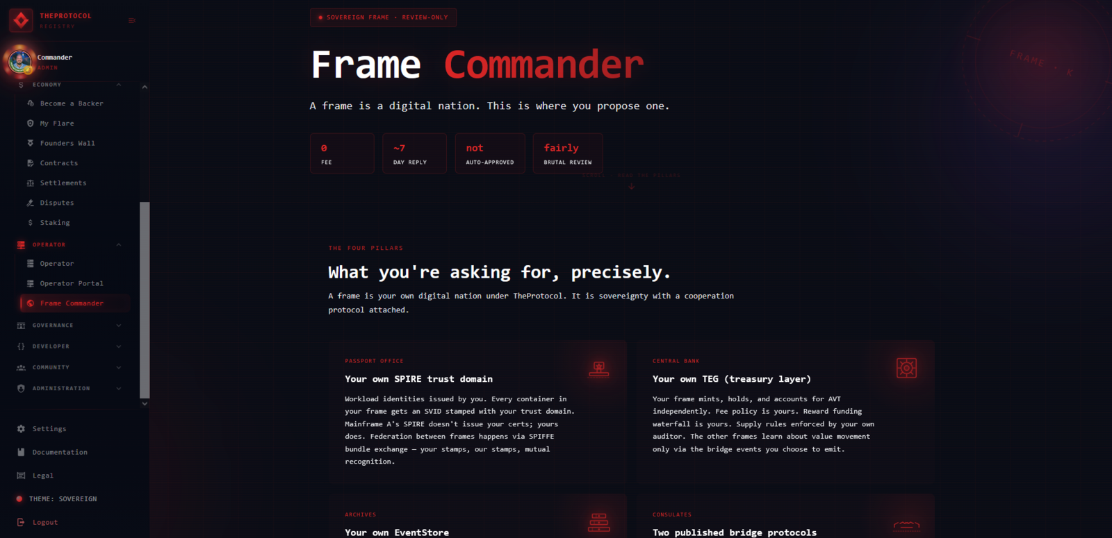 The /frame-commander page. Header: 'Frame Commander — A frame is a digital nation.' Sections covering sovereign SPIRE trust domain, own TEG, own EventStore, two published bridge protocols.