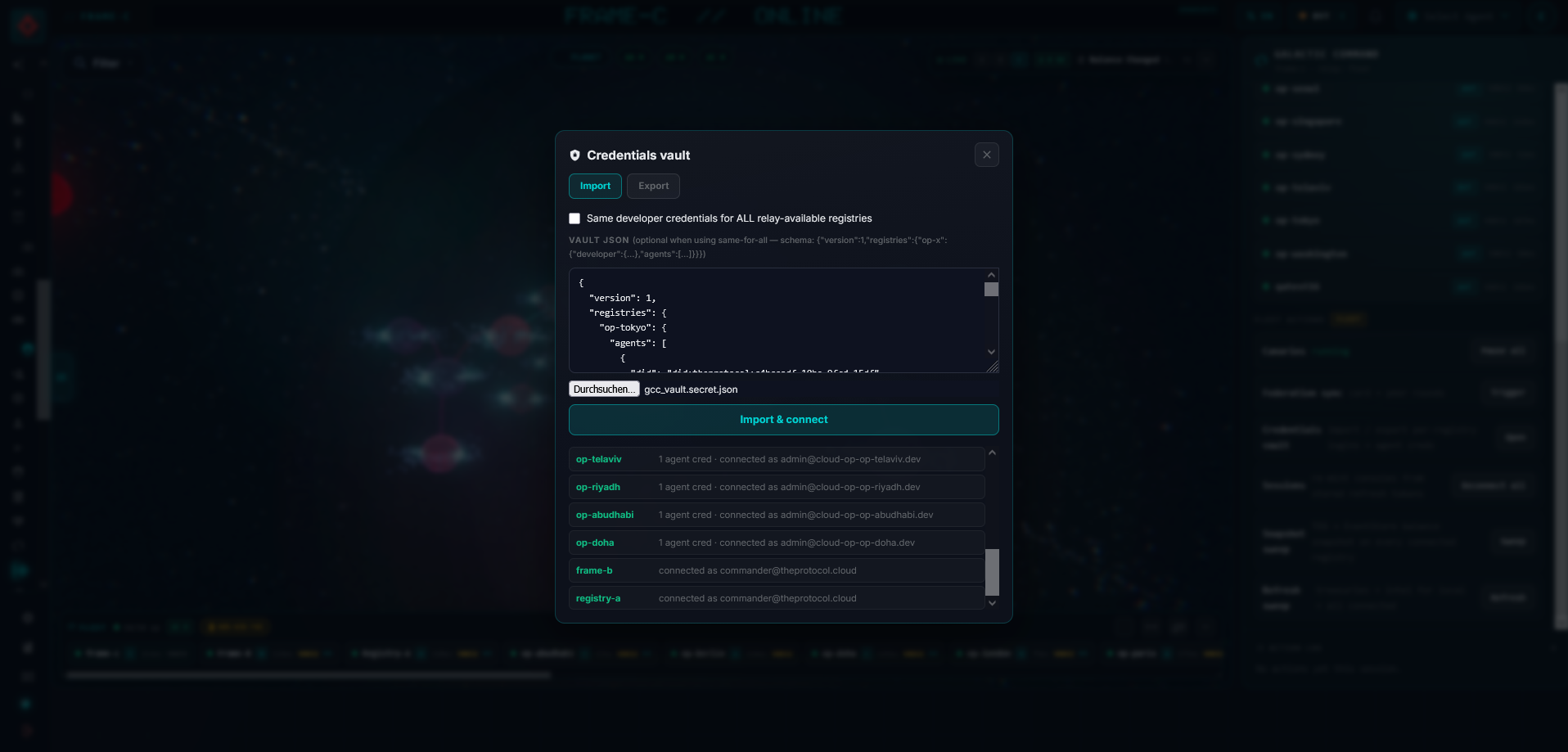 The Credentials vault modal: a JSON import box for per-registry credentials above a list of registries each showing which login the vault holds for it, with an Import and connect button.
