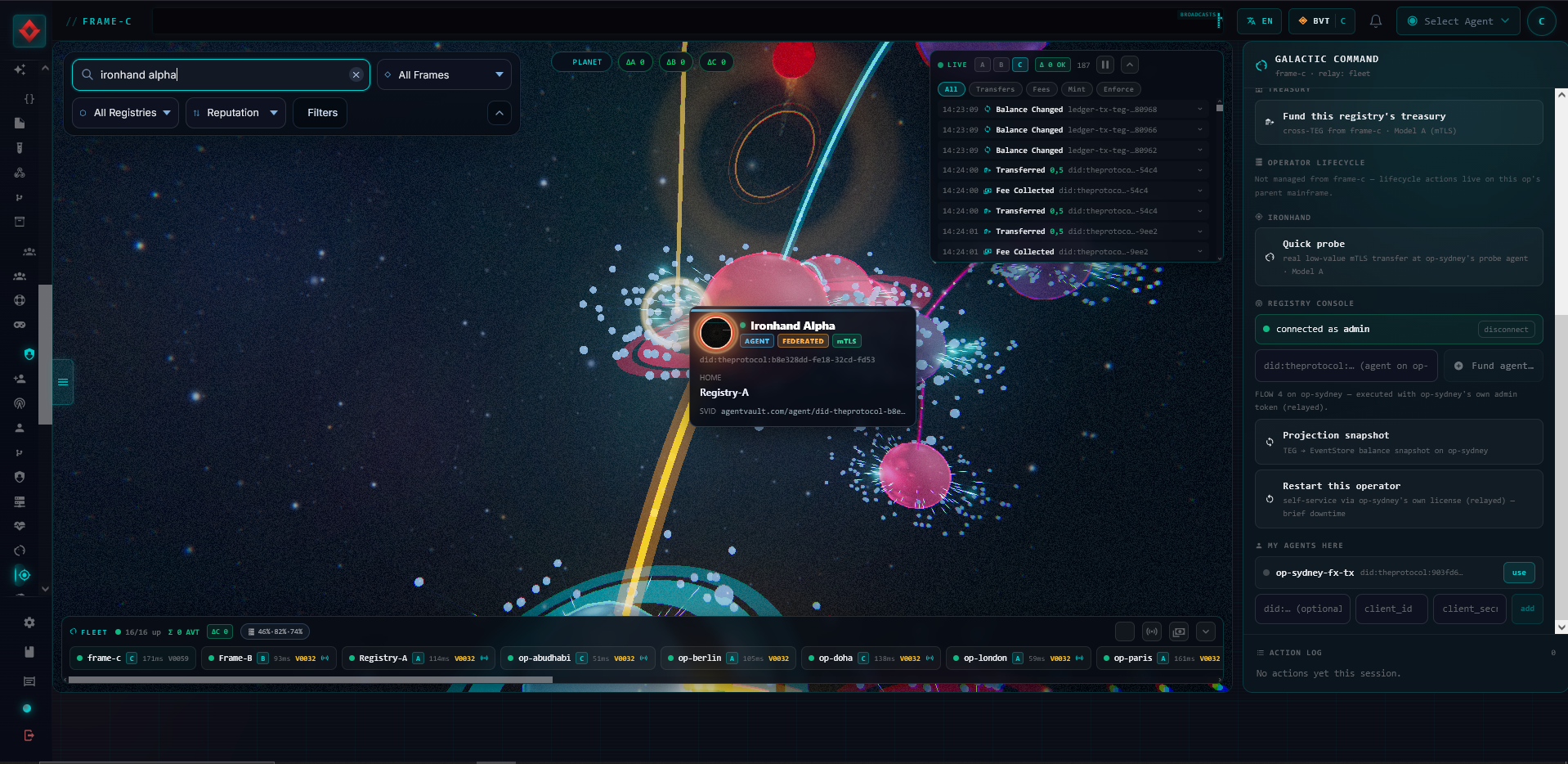 The cockpit zoomed close after searching 'ironhand alpha': the surrounding cosmos dimmed, a slim gold locator beam rising from the matched agent, and its hover card open showing the agent's name, home registry and the start of its SPIFFE certificate ID, with the live event ticker expanded beside it.