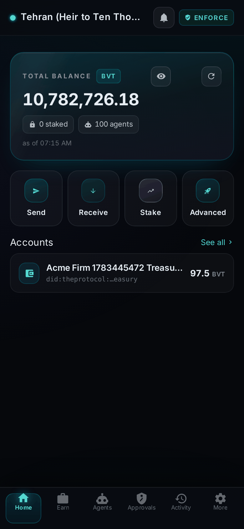 Pocket Home on Frame-C: hero card TOTAL BALANCE 10,784,416 BVT with staked and agent-count chips, quick actions Send / Receive / Stake / Advanced, and an Accounts list of top agents by real balance.