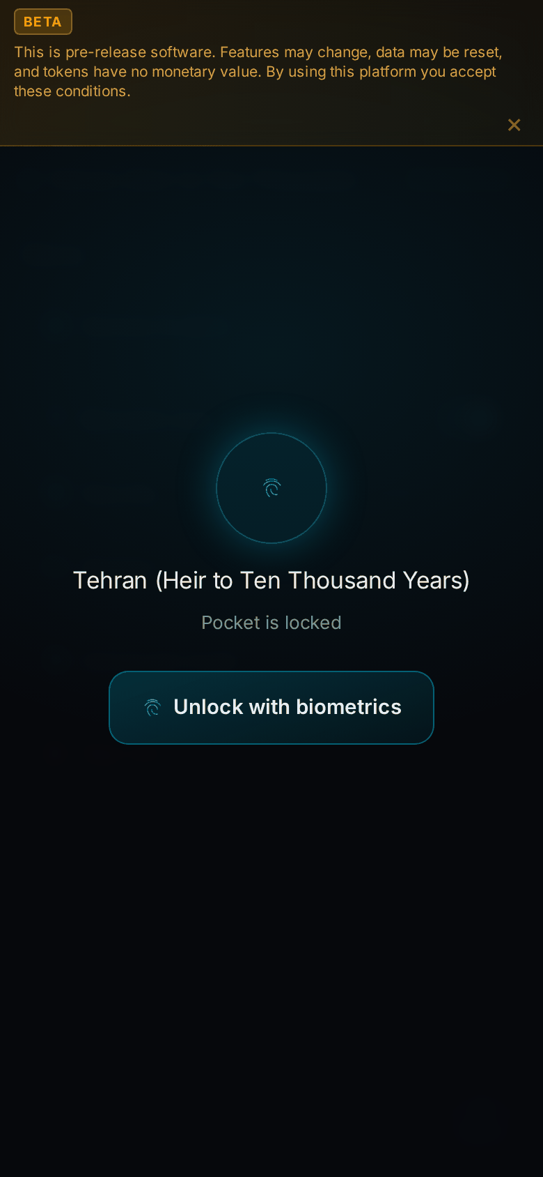 Pocket's biometric lock screen: a glowing fingerprint ring, the registry name 'Tehran (Heir to Ten Thousand Years)', the line 'Pocket is locked', and an 'Unlock with biometrics' button.
