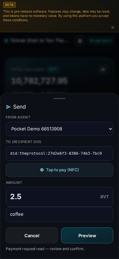The Send sheet after an NFC tap: recipient DID filled, amount 2.5 BVT, memo 'coffee', a dashed 'Tap to pay (NFC)' button above the amount, and the status line 'Payment request read — review and confirm.'