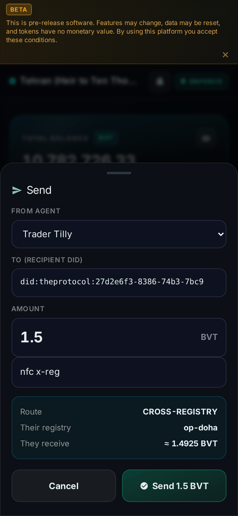 The Send sheet's route preview for a recipient homed on op-doha: Route CROSS-REGISTRY, Their registry op-doha, They receive ≈ 1.4925 BVT.