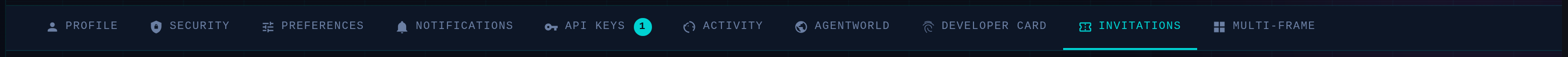 The Settings tab strip: Profile, Security, Preferences, Notifications, API Keys with a badge showing 1, Activity, Agentworld, Developer Card, Invitations highlighted and underlined as the active tab, and Multi-Frame.