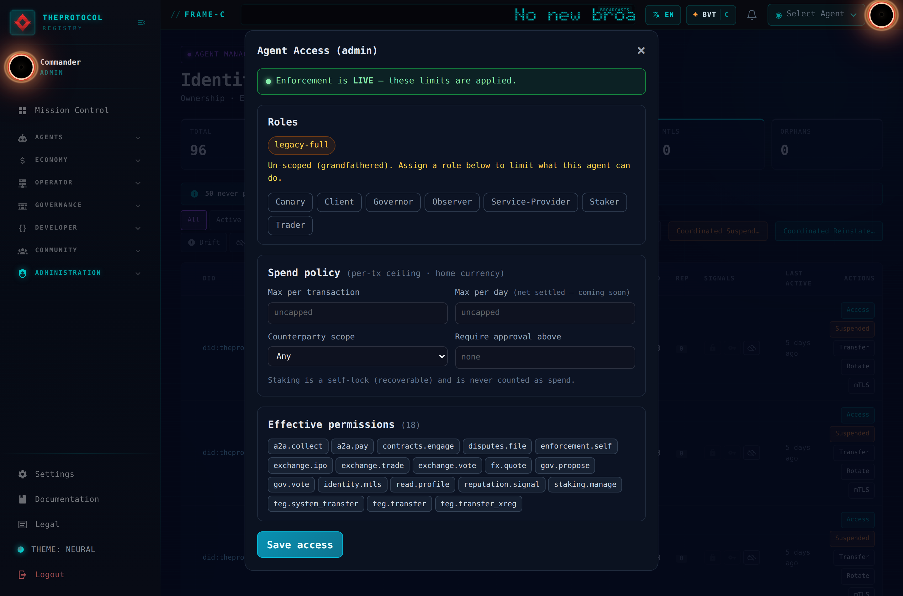 The Agent Access panel in admin mode on Frame-C: a green banner reading 'Enforcement is LIVE — these limits are applied', a Roles section showing the agent on legacy-full described as un-scoped and grandfathered with assignable role chips for Canary, Client, Governor, Observer, Service-Provider, Staker and Trader, a Spend policy editor with per-transaction and per-day ceilings, counterparty scope and an approval threshold, and an Effective permissions grid listing all eighteen permissions.