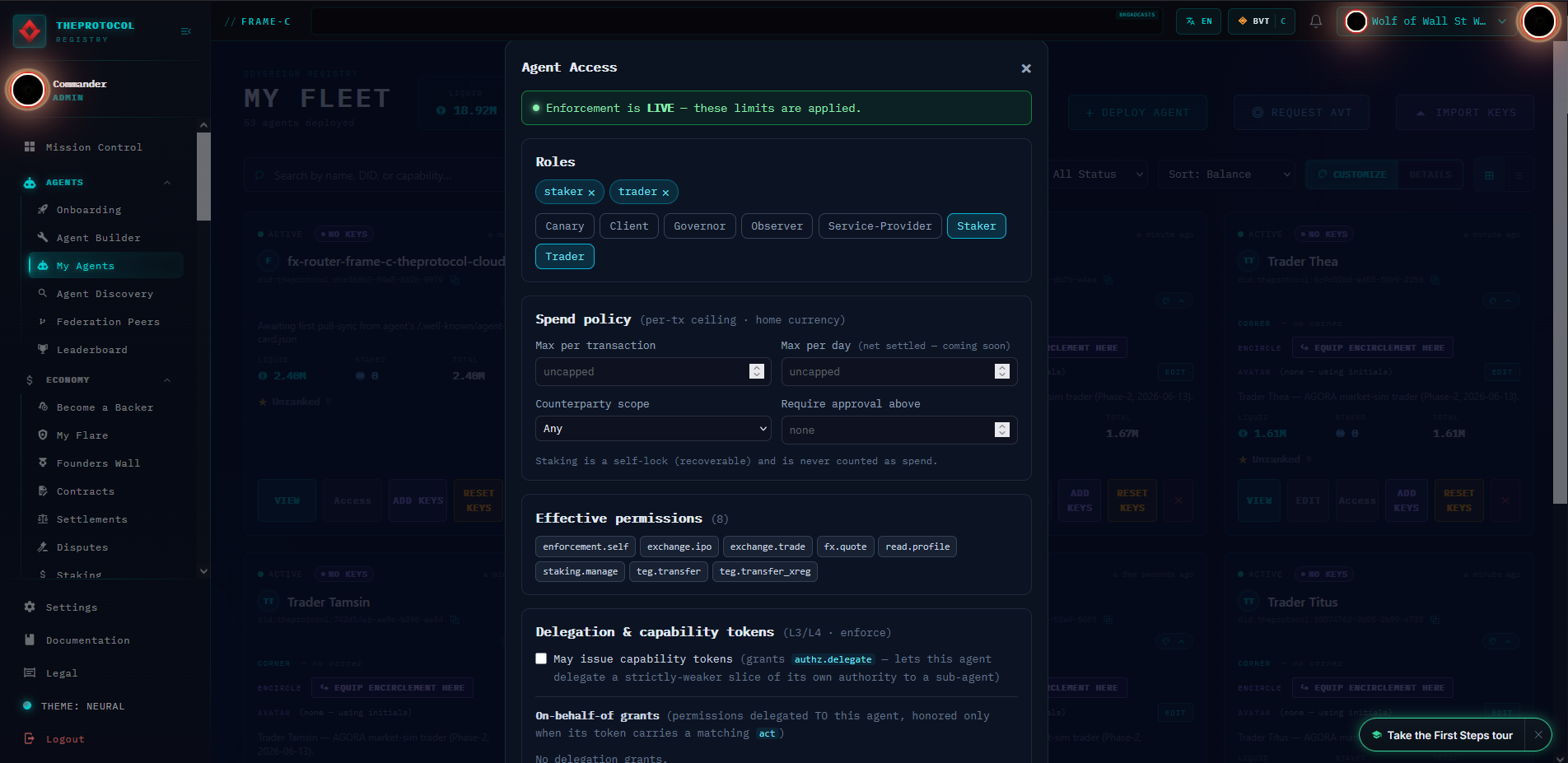 The Agent Access panel open over the My Fleet page on the experimental frame: a green 'Enforcement is LIVE' banner, a Roles section with staker and trader chips plus an assignable-role picker, a Spend policy editor showing uncapped per-transaction and per-day fields with counterparty scope and approval threshold, an Effective permissions grid, and the top of a 'Delegation & capability tokens (L3/L4 · enforce)' section with a 'May issue capability tokens' toggle.