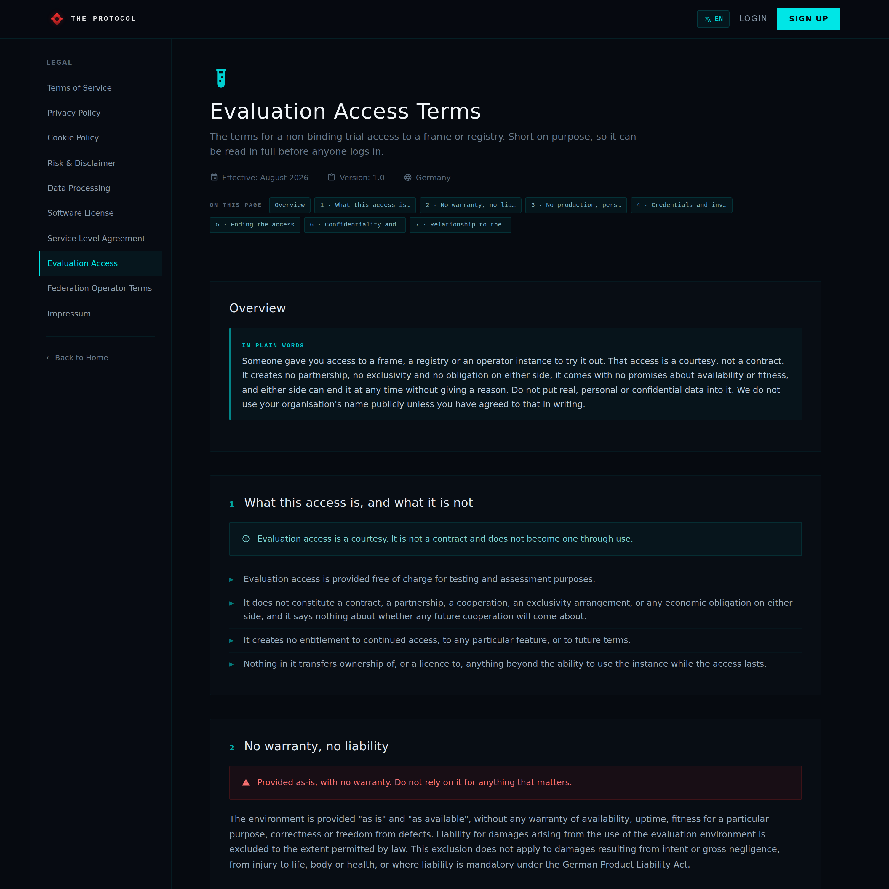 The Evaluation Access Terms page. A legal sidebar lists Terms of Service, Privacy Policy, Cookie Policy, Risk and Disclaimer, Data Processing, Software License, Service Level Agreement, Evaluation Access, Federation Operator Terms and Impressum. The page is headed Evaluation Access Terms and subtitled the terms for a non-binding trial access to a frame or registry, short on purpose so it can be read in full before anyone logs in. It is marked effective August 2026, version 1.0, Germany, with seven numbered sections. An IN PLAIN WORDS box states that the access is a courtesy and not a contract, that it creates no partnership, exclusivity or obligation on either side, that either side can end it at any time without giving a reason, that no real personal or confidential data should be put into it, and that the organisation name is not used publicly without written agreement. Section 2, No warranty no liability, carries a red banner reading provided as-is, with no warranty, do not rely on it for anything that matters.