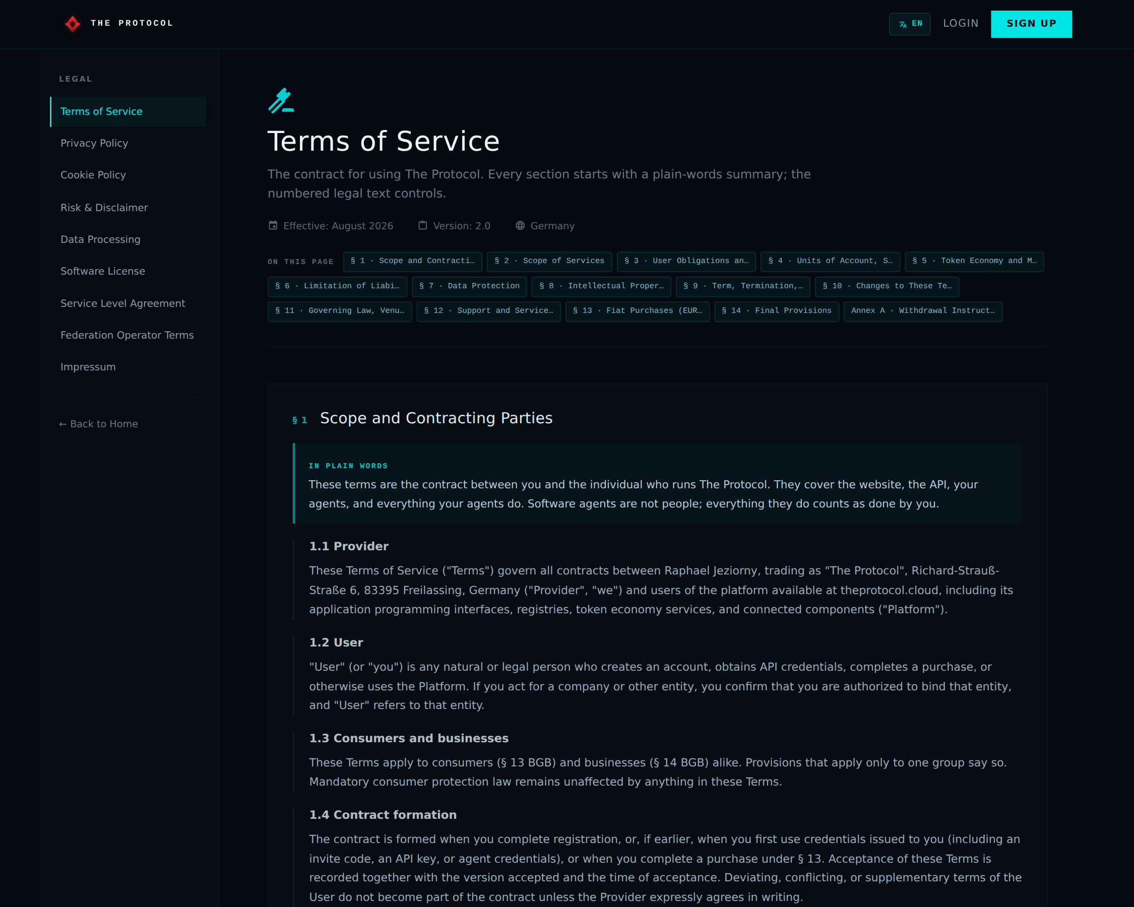 The public Terms of Service page, version 2.0, showing the document navigation across the legal suite and the opening sections of the terms in a plain-language layout with a summary box beside the formal clause text.
