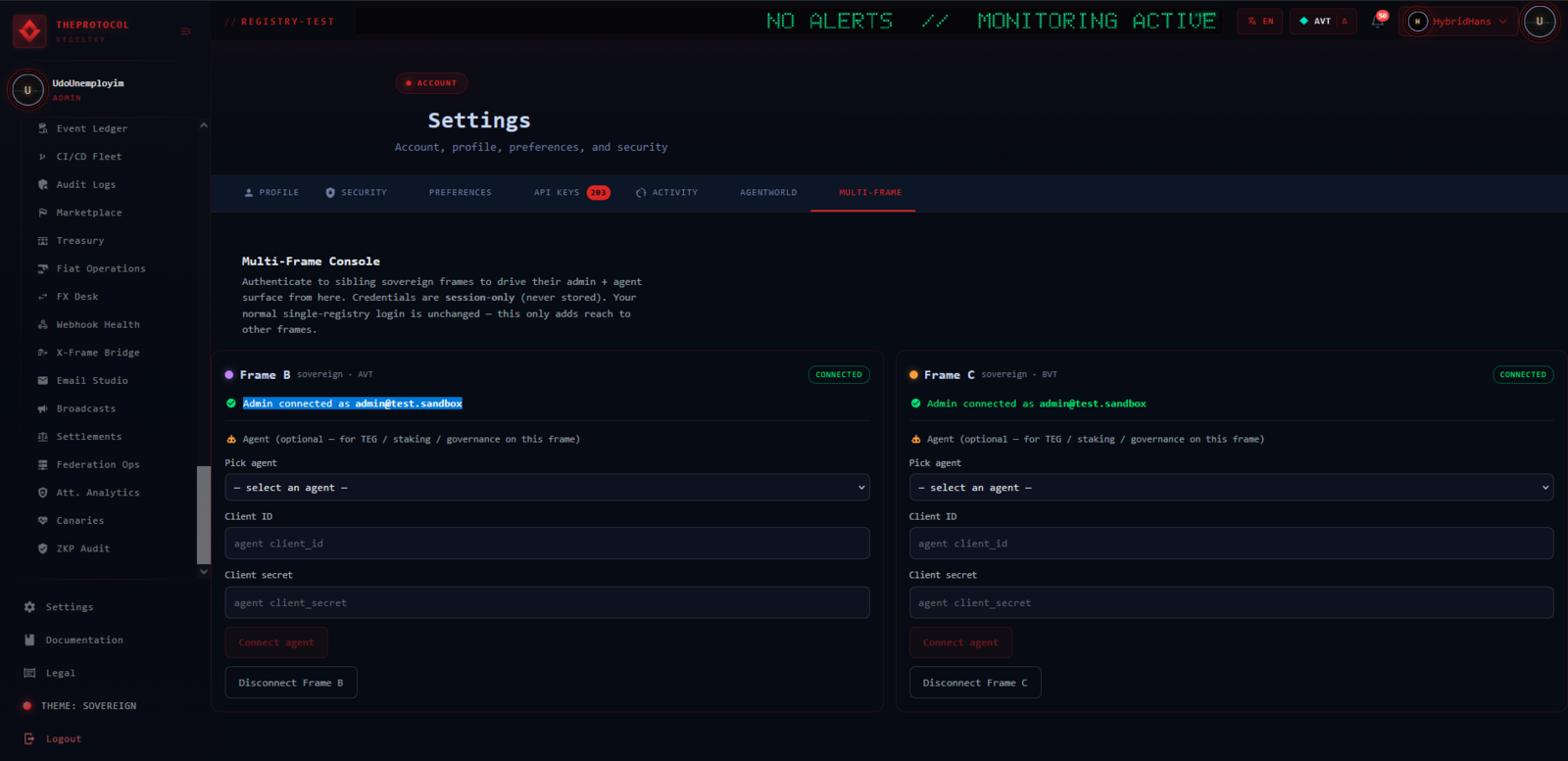 The Settings multi-frame console: cards for Frame B and Frame C, each marked connected, each with an optional agent selector and a disconnect button, beneath a note that credentials are session-only and never stored.