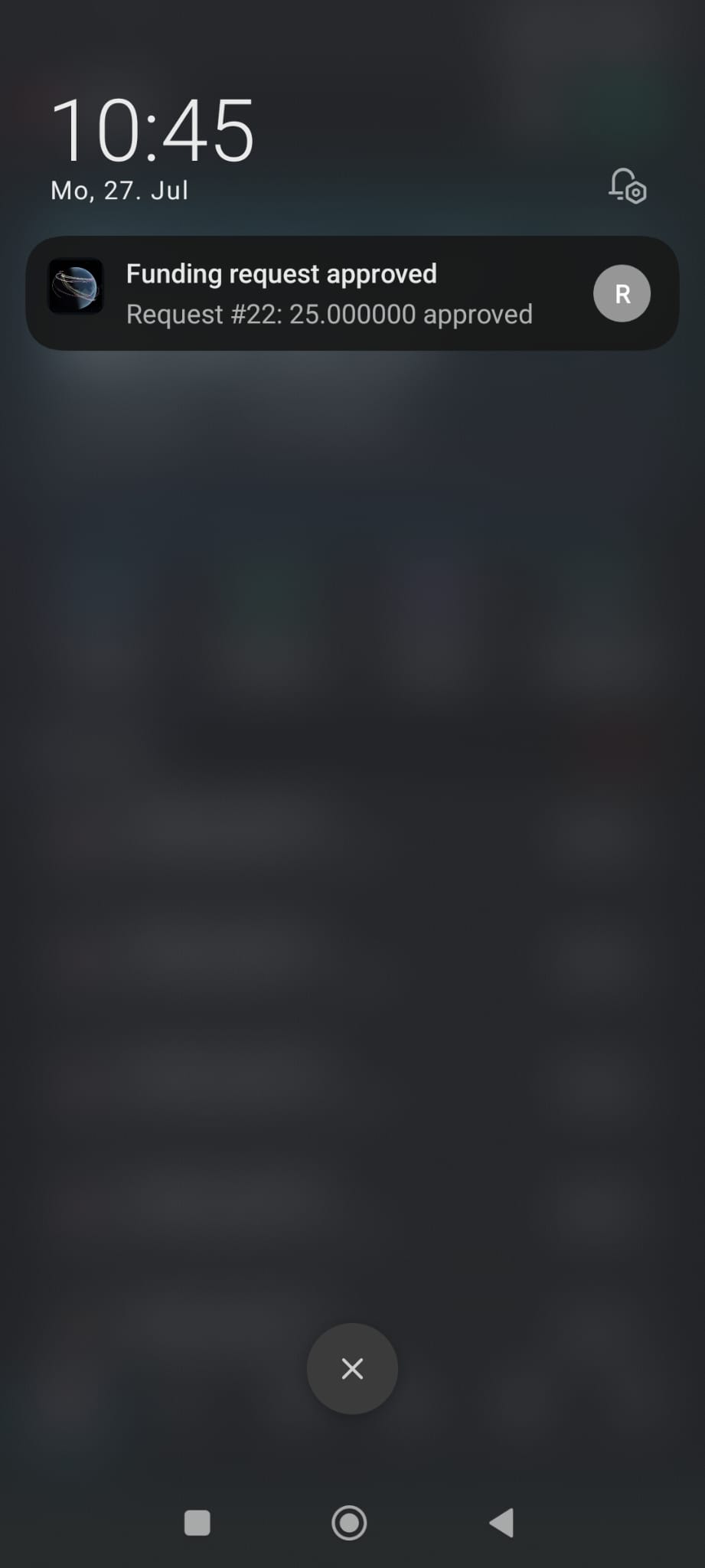 A phone lock screen at 10:45 with a single push notification from the platform, the registry's dark globe icon on the left, reading 'Funding request approved. Request #22: 25.000000 approved'.