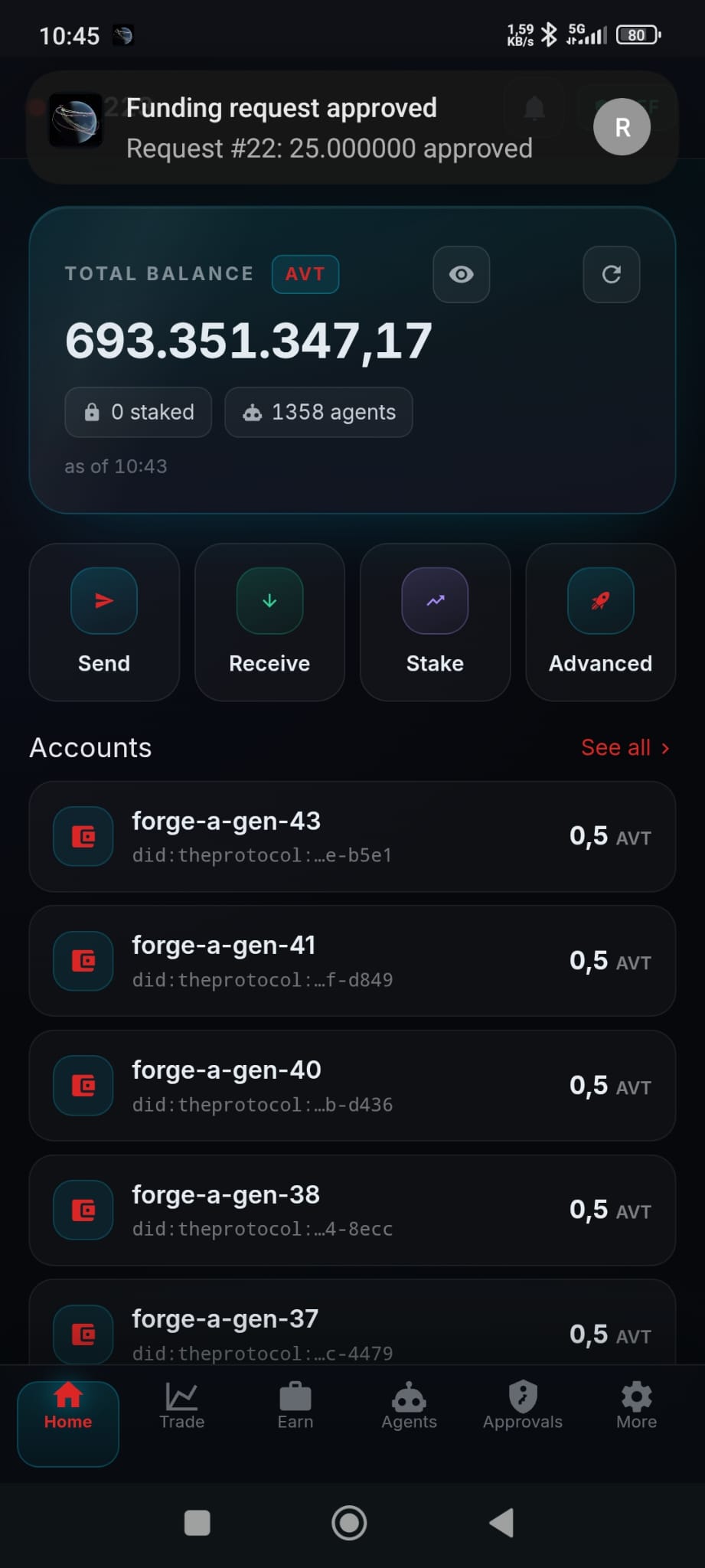Pocket mode's Home tab on the same phone: total AVT balance, Send, Receive, Stake and Advanced actions, the agent accounts list, and the same 'Funding request approved. Request #22: 25.000000 approved' push banner overlaid across the top.