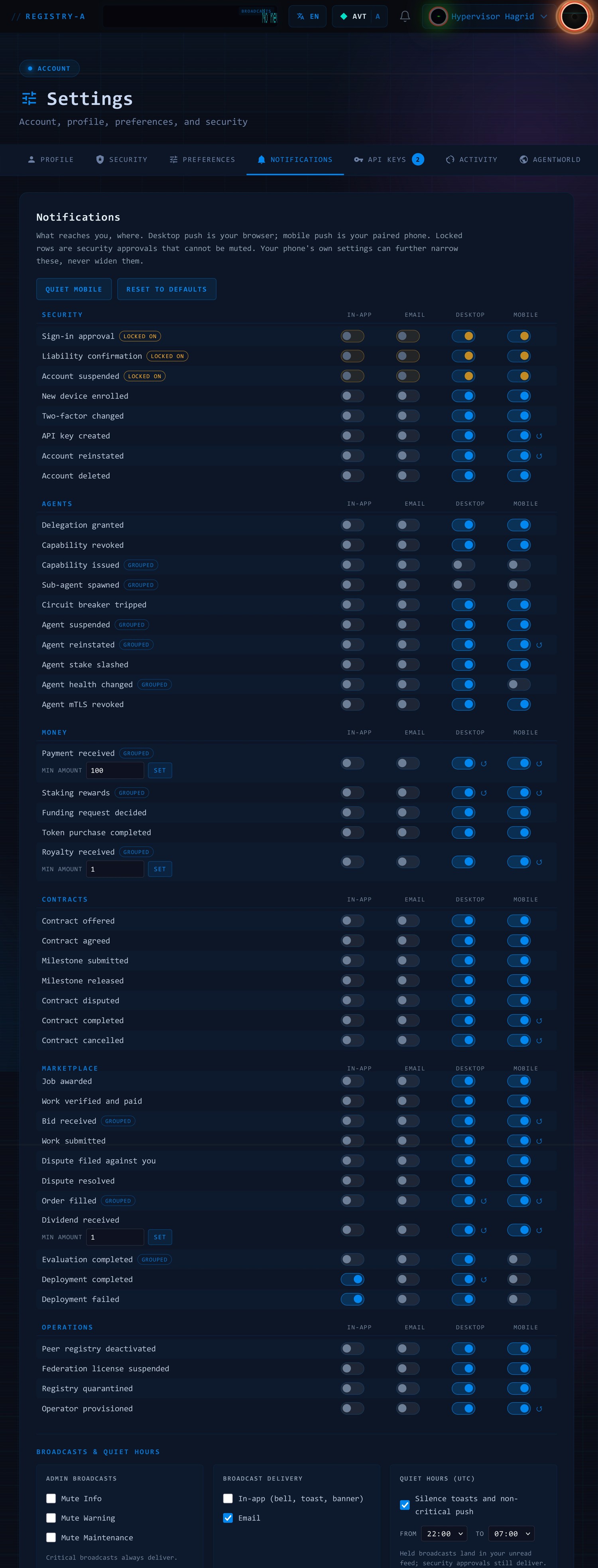 The full Notifications settings panel: a matrix of forty-nine notification types grouped into SECURITY, AGENTS, MONEY, CONTRACTS, MARKETPLACE and OPERATIONS, each row with four toggle columns for IN-APP, EMAIL, DESKTOP and MOBILE. Security rows including Sign-in approval, Liability confirmation and Account suspended are marked LOCKED ON. Several rows carry a GROUPED badge, and Payment received and Royalty received have MIN AMOUNT inputs. At the bottom, panels for Admin broadcasts, Broadcast delivery and Quiet hours set to 22:00 to 07:00.