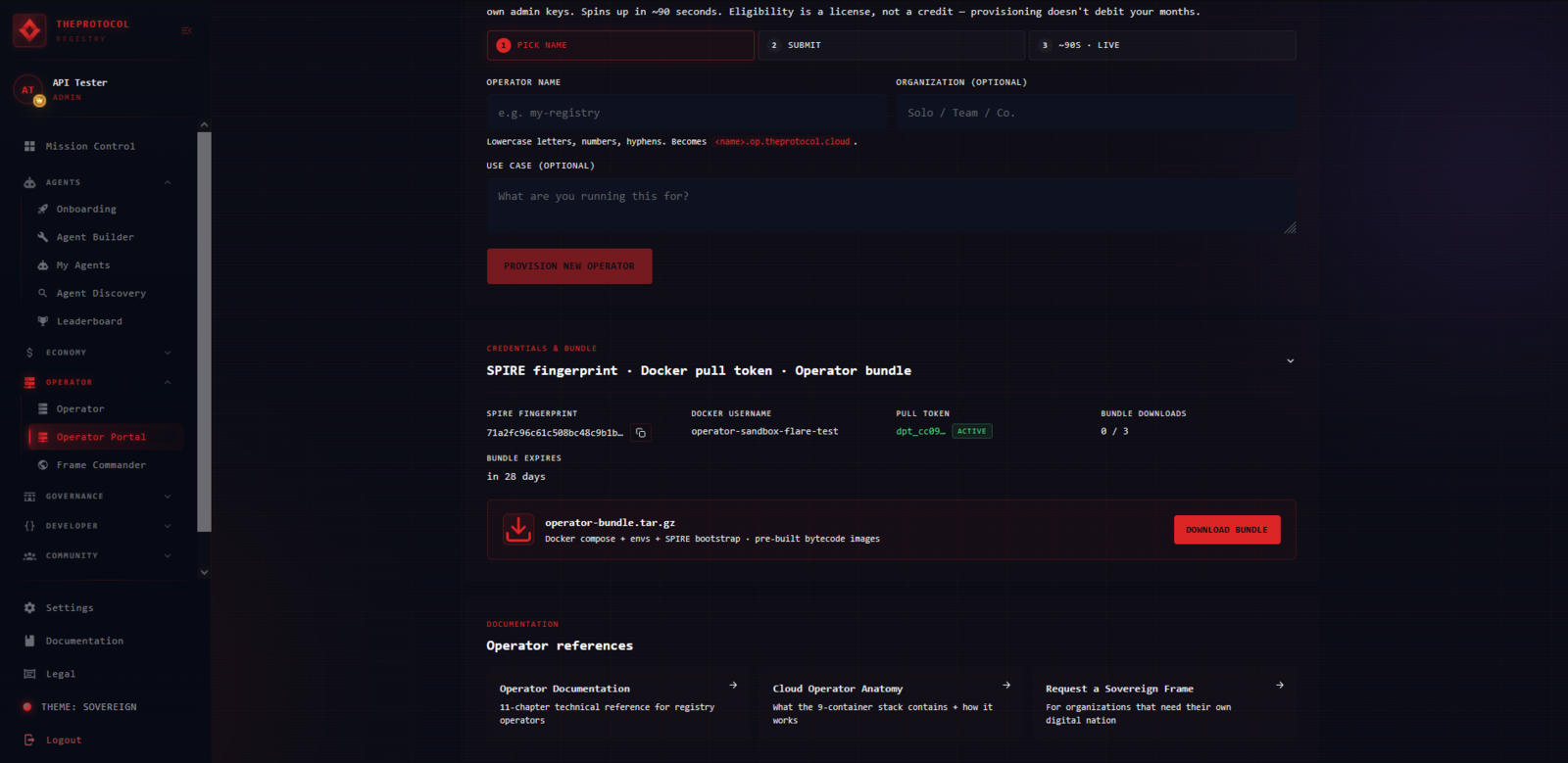 The /operator-portal with provisioning unlocked — bundle download available and the provision button active