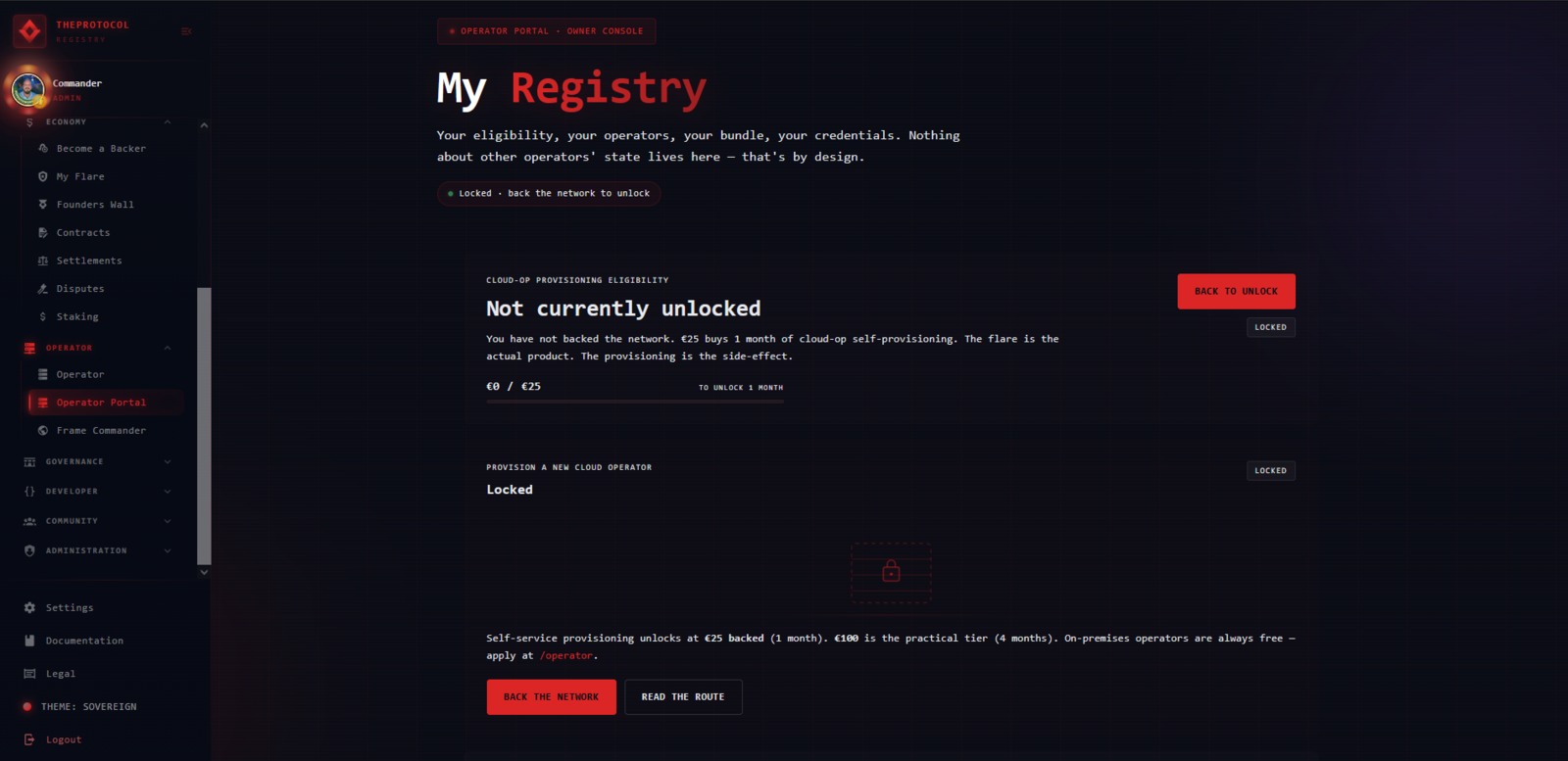 The /operator-portal owner dashboard showing the provisioning eligibility state: 'Not currently unlocked' with a locked provision button and the message 'Self-service provisioning unlocks at €25 backed (1 month)'