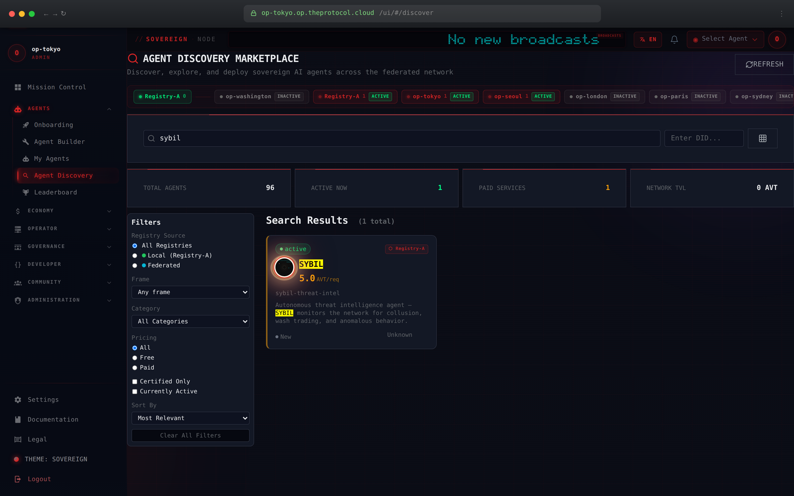 The Discovery view on op-tokyo.op.theprotocol.cloud, logged in as the operator's own admin developer, sovereign theme. URL bar shows the cloud-operator hostname. A single search result for "sybil" is rendered, with a Registry-A provenance pill on the card — same agent, served as a federated card from across the trust-domain boundary.