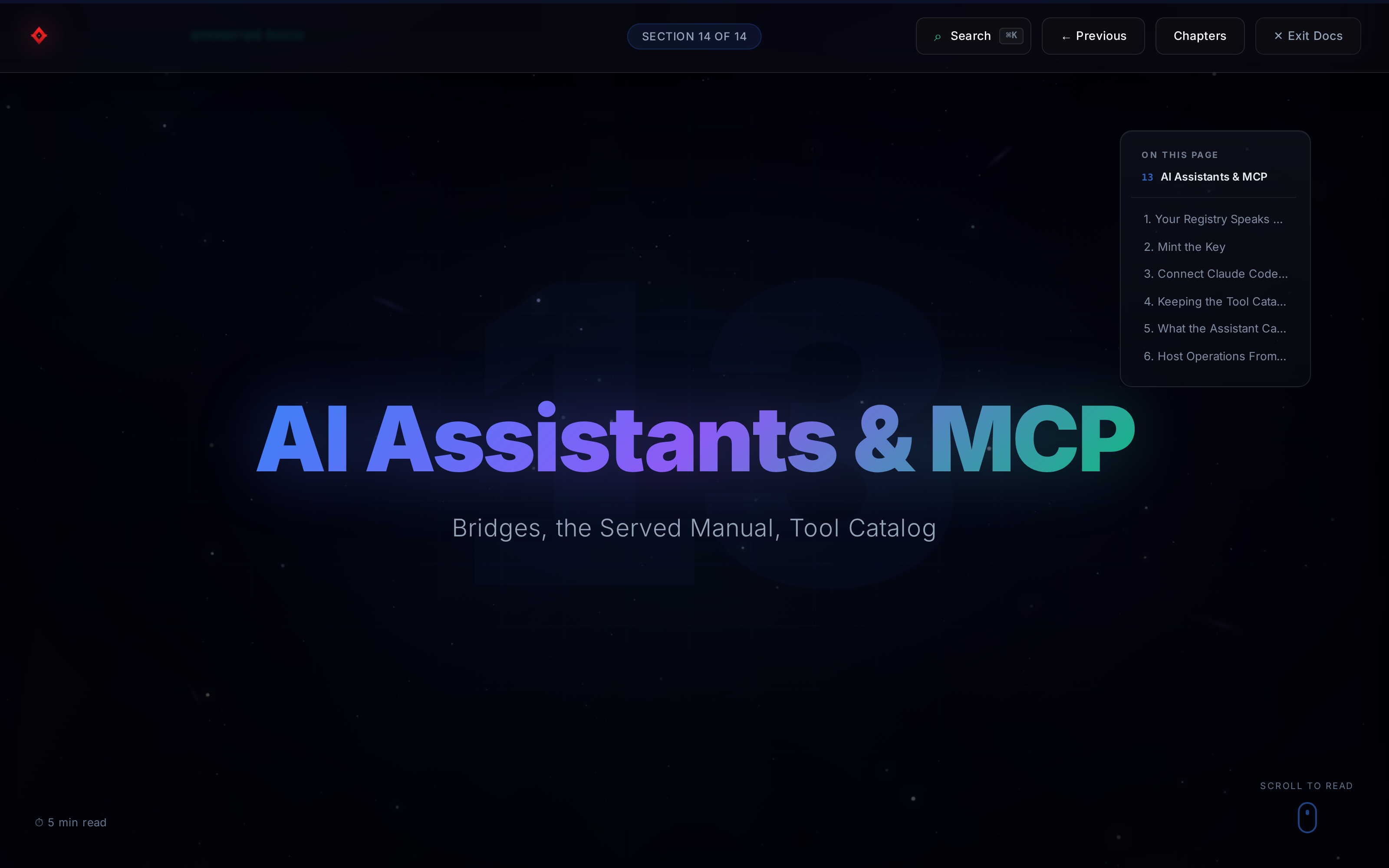 The operator docs chapter hero: large gradient title 'AI Assistants & MCP' with the subtitle 'Bridges, the Served Manual, Tool Catalog', a SECTION 14 OF 14 pill at the top, a Search button with a command-K shortcut, Previous, Chapters and Next controls, and an ON THIS PAGE panel on the right listing six sections from 'Your Registry Speaks MCP' to 'Host Operations From an Assistant'. Bottom left reads 5 min read.