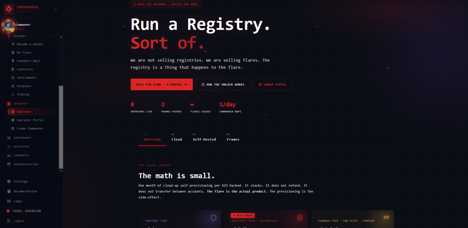 The public /operator landing page. Headline: 'Run a Registry. Sort of.' with body copy explaining we are not selling registries, we are selling flares, and the registry is a thing that happens to the flare.