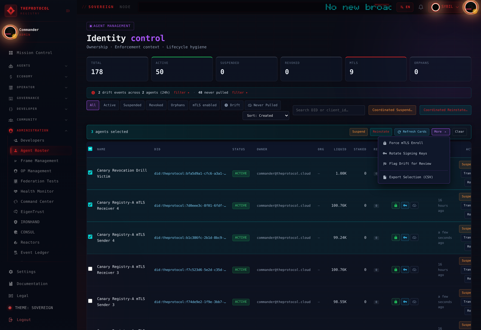 AdminAgents bulk toolbar — three rows selected, &ldquo;3 agents selected&rdquo; counter, Suspend / Reinstate / Refresh Cards tier-one buttons visible, More dropdown open showing tier-two actions Force mTLS Enroll, Rotate Signing Keys, Flag Drift for Review, Export Selection (CSV)