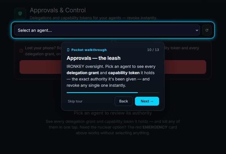 Pocket-mode 'Approvals & Control': an agent picker, a red EMERGENCY revoke-all card, and a guided-tour card titled 'Approvals — the leash' explaining that selecting an agent shows every delegation grant and capability token it holds, each revocable instantly.