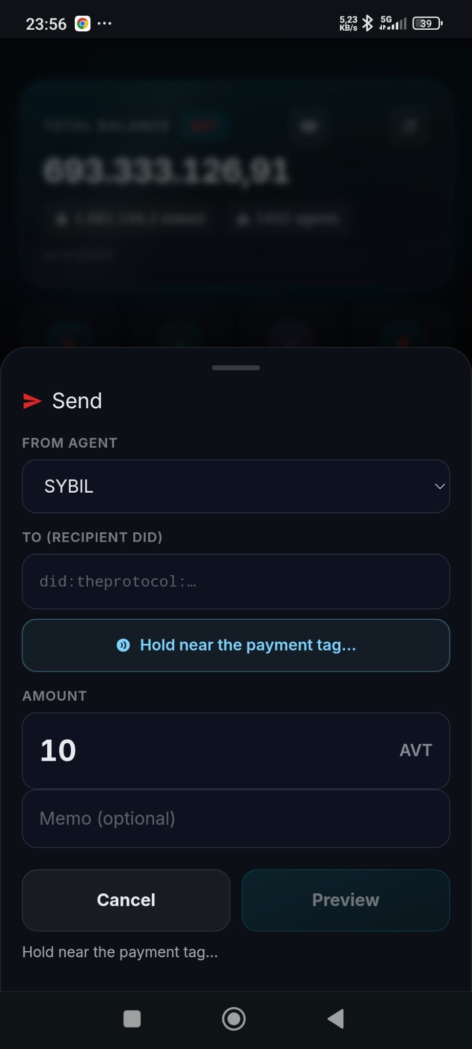Pocket mode Send sheet on a phone: FROM AGENT set to SYBIL, a recipient DID field showing did:theprotocol:… with a highlighted button reading 'Hold near the payment tag…', AMOUNT of 10 AVT, an optional memo field, and Cancel and Preview buttons.