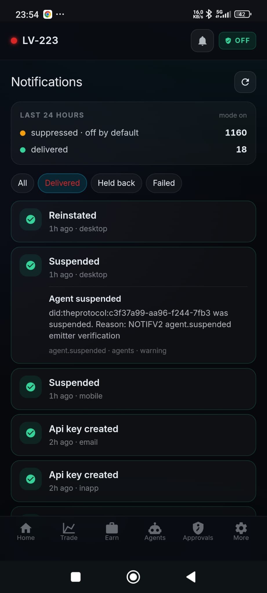 Pocket mode on a phone showing the Notifications history: LAST 24 HOURS, suppressed off by default 1160, delivered 18, with filter chips All / Delivered / Held back / Failed, and a list of decisions including Reinstated (desktop), Suspended (desktop) expanded to show the full agent DID and reason, Suspended (mobile), and Api key created on both email and in-app.