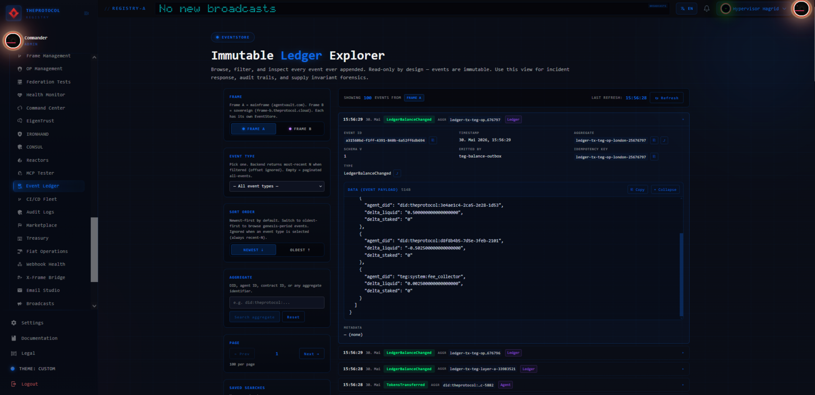 The Immutable Ledger Explorer: a header reading 'Immutable Ledger Explorer', a left-hand column of event-type filters, and a vertical feed of event cards. Each card shows an event type — including LedgerBalanceChanged — a timestamp, and an expandable JSON payload rendered to the right with fields such as agent_id, amount, balance_after, and transaction references. The sovereign dark theme is in use.