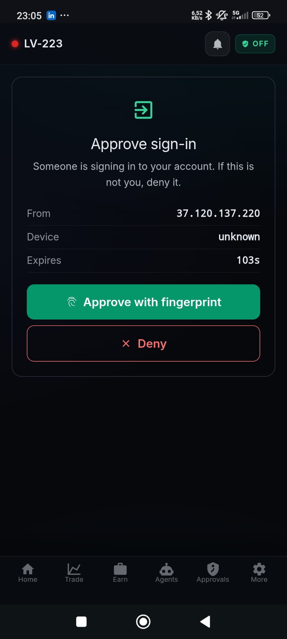 The Approve sign-in screen inside Pocket on a phone: 'Someone is signing in to your account. If this is not you, deny it.', the originating address 37.120.137.220, a 103-second expiry, and Approve with fingerprint / Deny buttons.