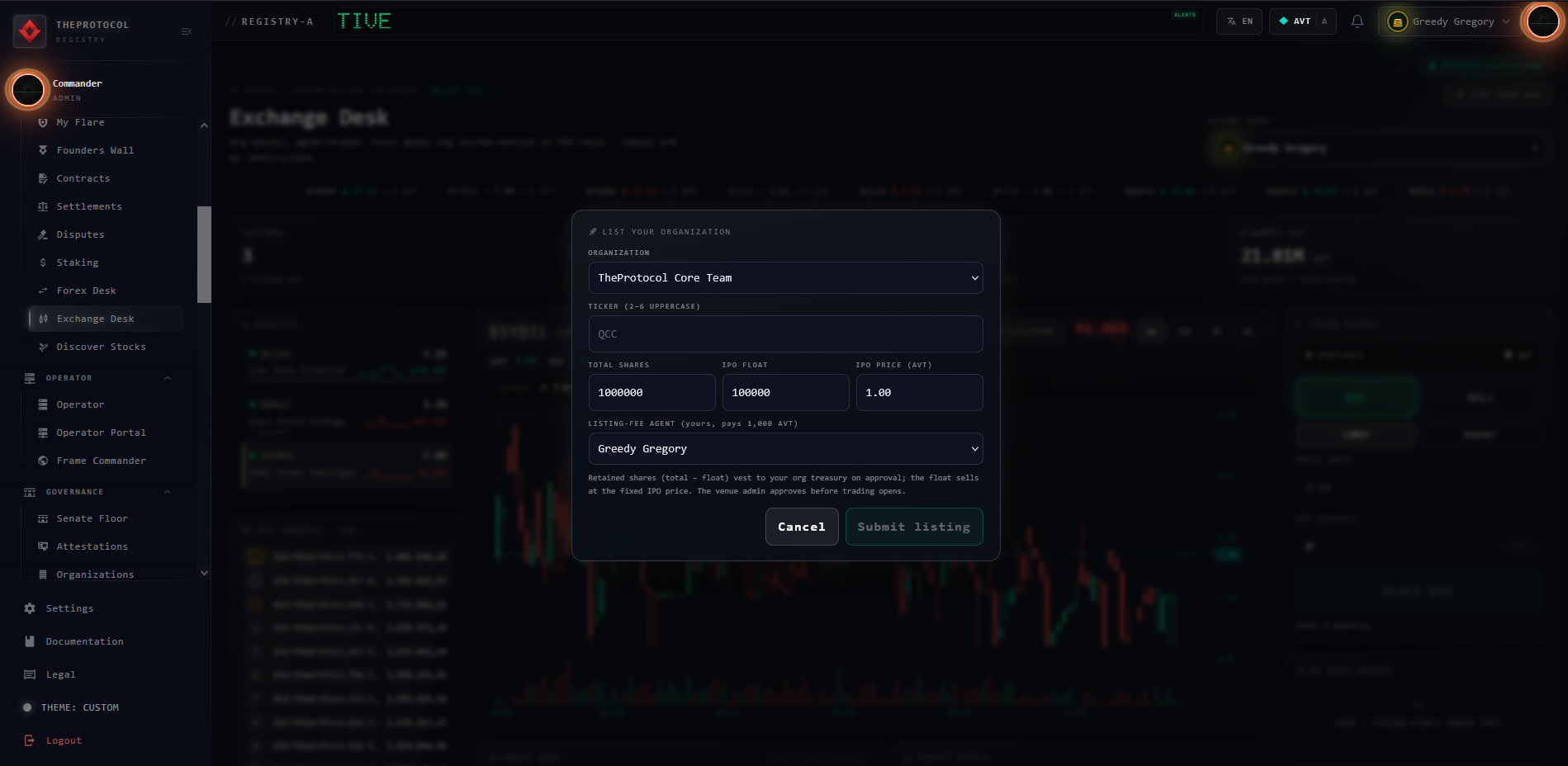 The 'List Organisation on Exchange' modal over the Exchange Desk: a form selecting the organisation (TheProtocol Core Team), total shares 1,000,000, an IPO price and fee, with the acting agent set to Glassy Gregory and a Submit Listing button.