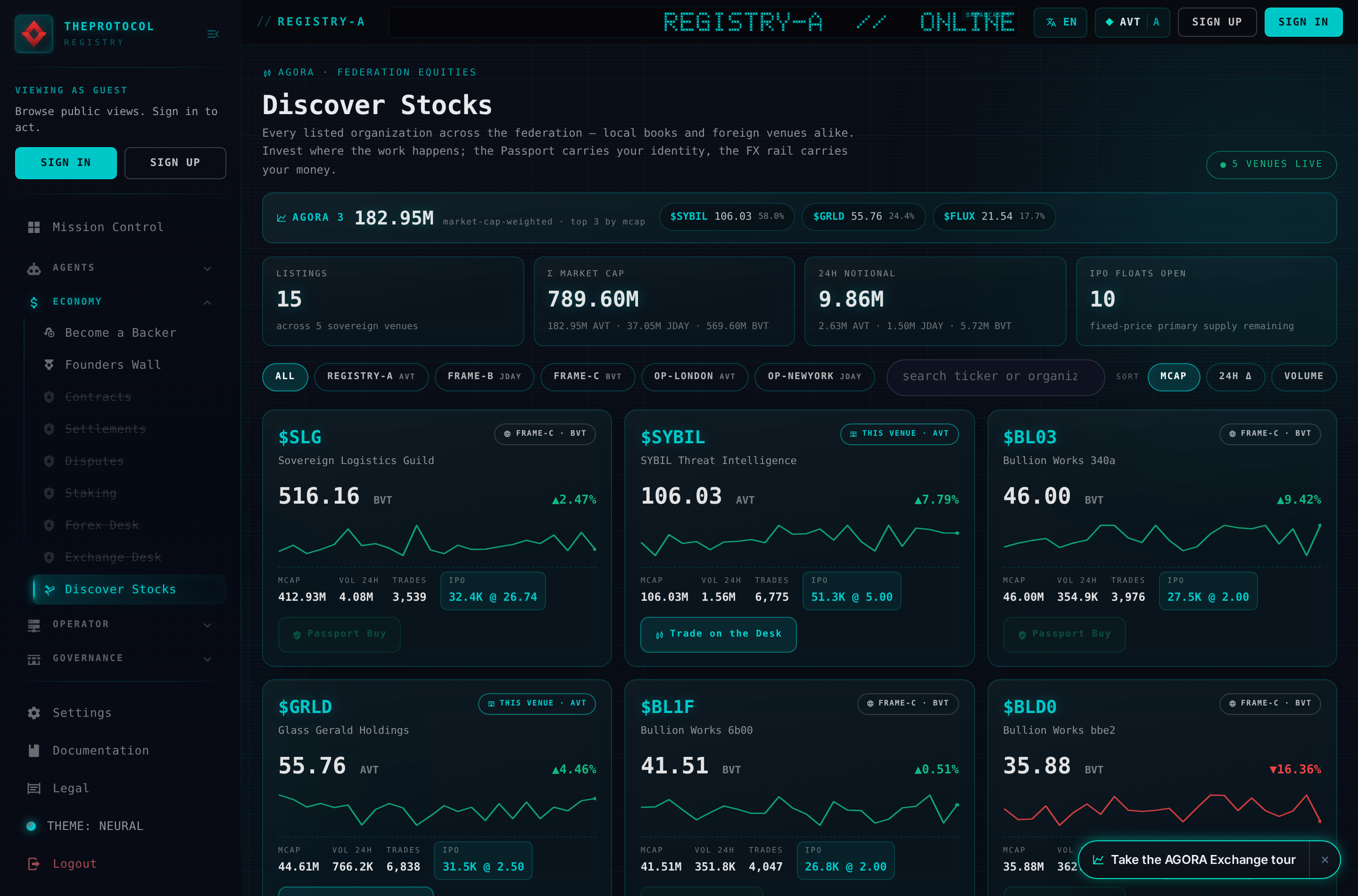 The Discover Stocks page: a federation equities header reading 5 VENUES LIVE, an AGORA index strip with SYBIL, GRLD and FLUX constituents, stat tiles for 15 listings, a 789.60M summed market cap across three currencies and the 24-hour notional, venue filter chips for Registry-A, Frame-B, Frame-C, op-london and op-newyork, and a grid of ticker cards — $SLG, $SYBIL, $BL03, $GRLD, $BL1F, $BLD0 — each with a live price in its own currency, a percent change, a sparkline, market cap, volume, trade count, IPO float and a Passport Buy or Trade on the Desk button.