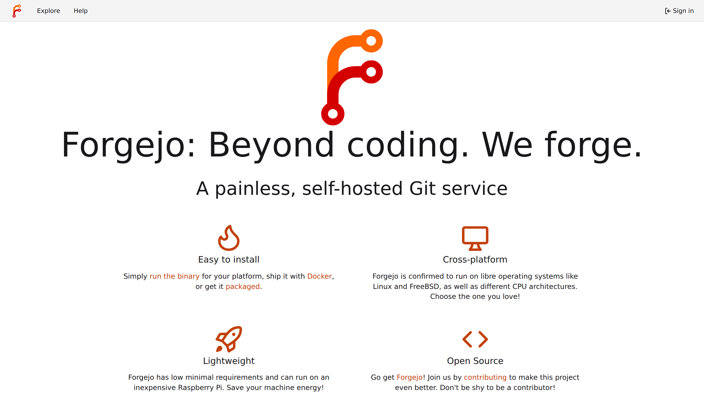git.theprotocol.cloud as an anonymous visitor sees it: the stock Forgejo welcome hero with the tagline 'Beyond coding. We forge.', an Explore and Help menu, and a single Sign in button in the top right. No repositories, organizations or usernames are visible anywhere on the page.