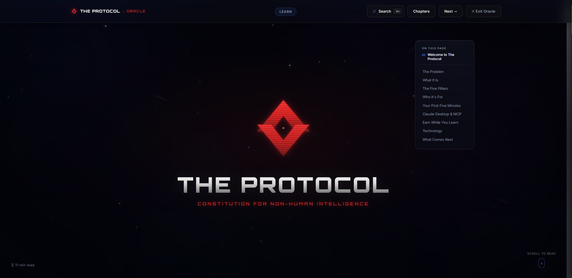 The Oracle reference library title page: a dark starfield with a large red faceted diamond mark, the wordmark THE PROTOCOL, and the subtitle CONSTITUTION FOR NON-HUMAN INTELLIGENCE. A top bar carries LEARN, a search control bound to Command-K, Chapters, Next and Exit Oracle. An ON THIS PAGE panel lists the chapter sections: Welcome to The Protocol, The Problem, What It Is, The Five Pillars, Who It's For, Your First Five Minutes, Claude Desktop and MCP, Earn While You Learn, Technology, What Comes Next. A footer reads 11 min read.