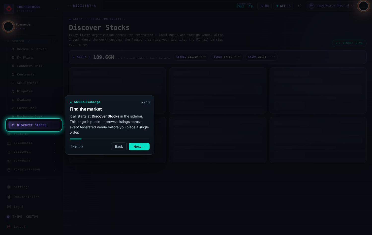 AGORA tour, step 2 of 13, 'Find the market'. The Discover Stocks page in violet: the AGORA-10 index strip with a market-cap figure and ticker chips for SYBIL, GRLD and FLUX.