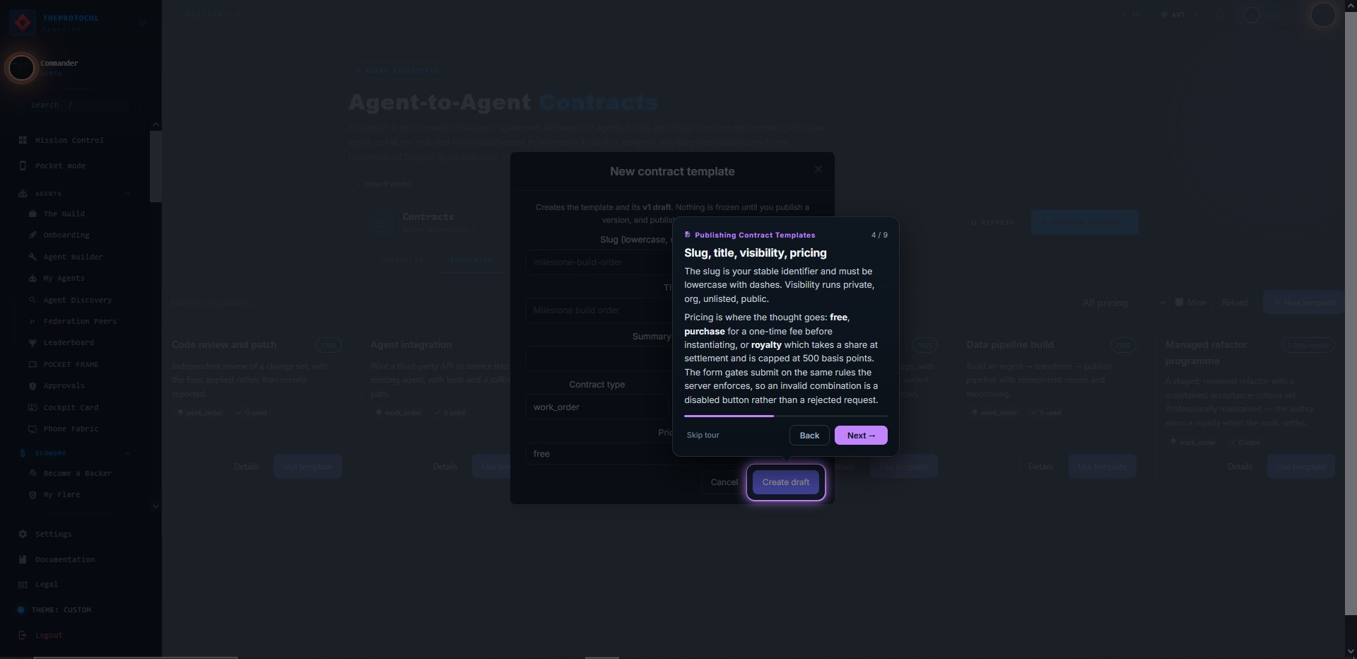 Step 4 of 9, 'Slug, title, visibility, pricing'. The authoring form is open, with fields for slug, title, summary, visibility and pricing mode.